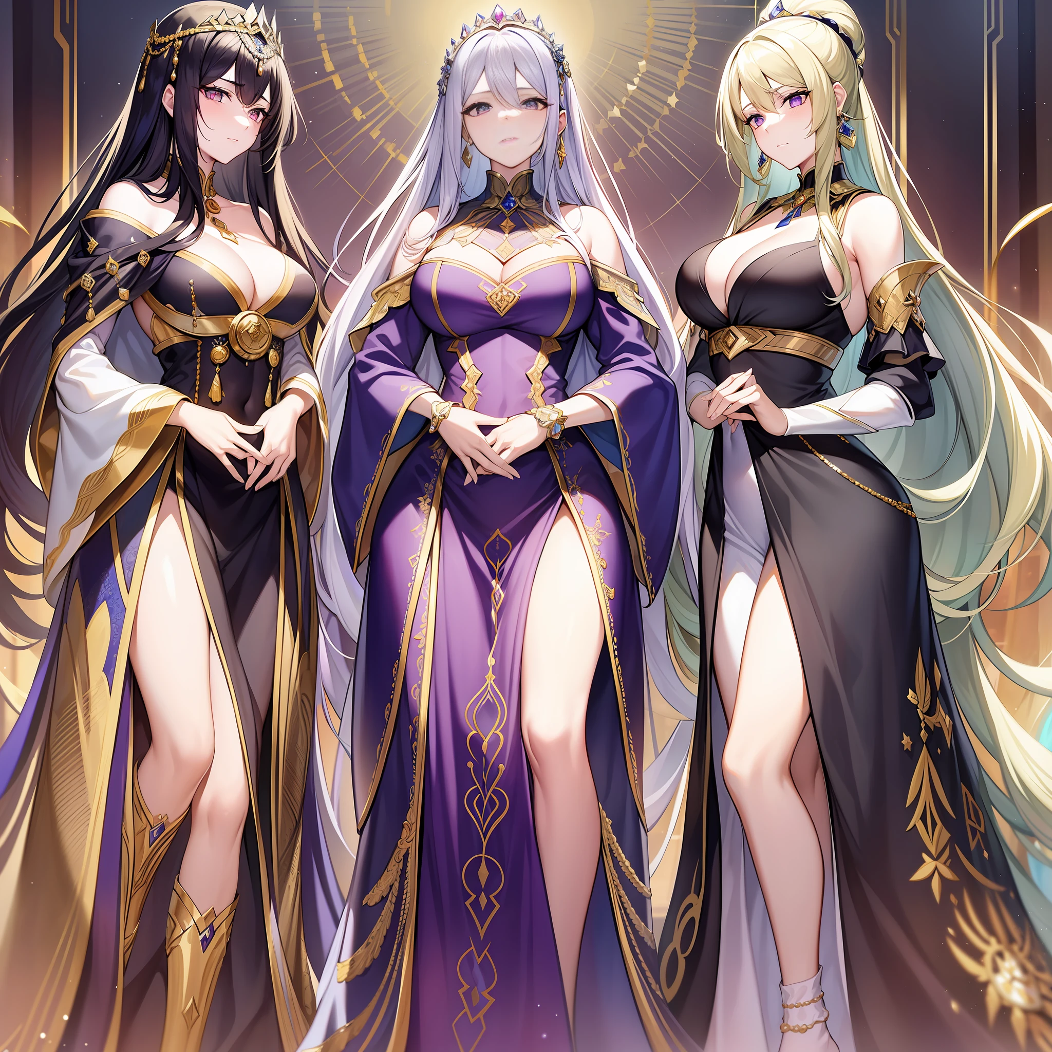 In this magnificent palace, the three female emperors stand side by side, forming a noble and elegant camp. One of the female emperors has long black hair, a beautiful face with determination and determination, she is tall and slender, her shoulders are broad, and her chest and waist ratio is perfect. She wore a long black dress with silver trim and gold wire, gorgeous and brilliant, as if the starry sky was dazzling. The other female emperor wore white hair like snow, her eyes were deep, and she was shrewd and capable. Although her face has revealed the marks of time, it has added a lot of serenity and nobility. She was dressed in a white robe embroidered with delicate silver patterns, which seemed to be as dazzling as an aurora. The third female emperor wore a sumptuous robe of light purple and wore a crown decorated with pearls and precious stones on her head, making her look particularly noble. She looks deep and elegant, as if permeated with a mysterious and magnificent atmosphere, which makes people unconsciously attracted. The whole picture sets off the temperament and noble atmosphere of the three female emperors, and the golden walls of the palace are brilliant, highlighting the strong nature of each female emperor. The three represent the three extreme colors of black and white and purple, and they blend with each other a little bit to form an elegant and beautiful picture. The beautiful mural background transforms the figures of the three female emperors into legendary figures in the annals of history, highlighting their majesty and glory.
The background of the three female emperors is a spacious palace with a variety of exquisite tapestries and works of art on the walls, highlighting their taste and magnificence. Their breath is strong, and they have experienced each other, as if fierce battles will occur at any time, but they do not invade each other, forming a situation in which their monarchy does not invade each other.
The whole picture creates an