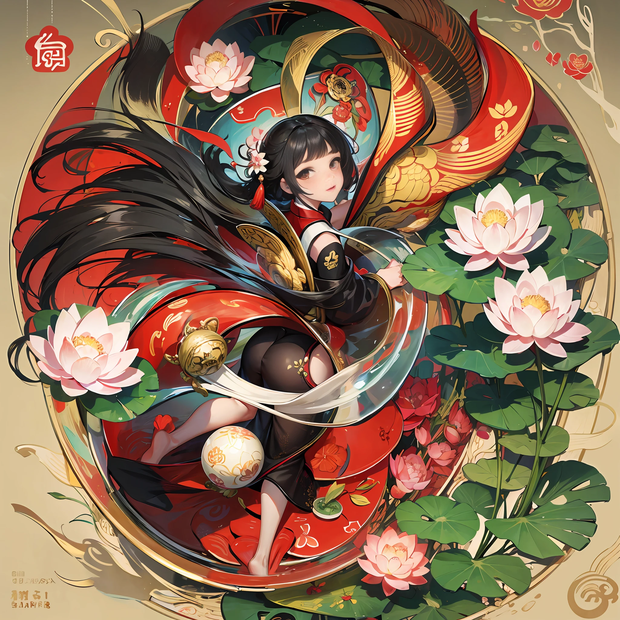 Chinese style, Chinese New Year painting, lotus, carp, lotus root, lake water, sunset, hydrangea ball