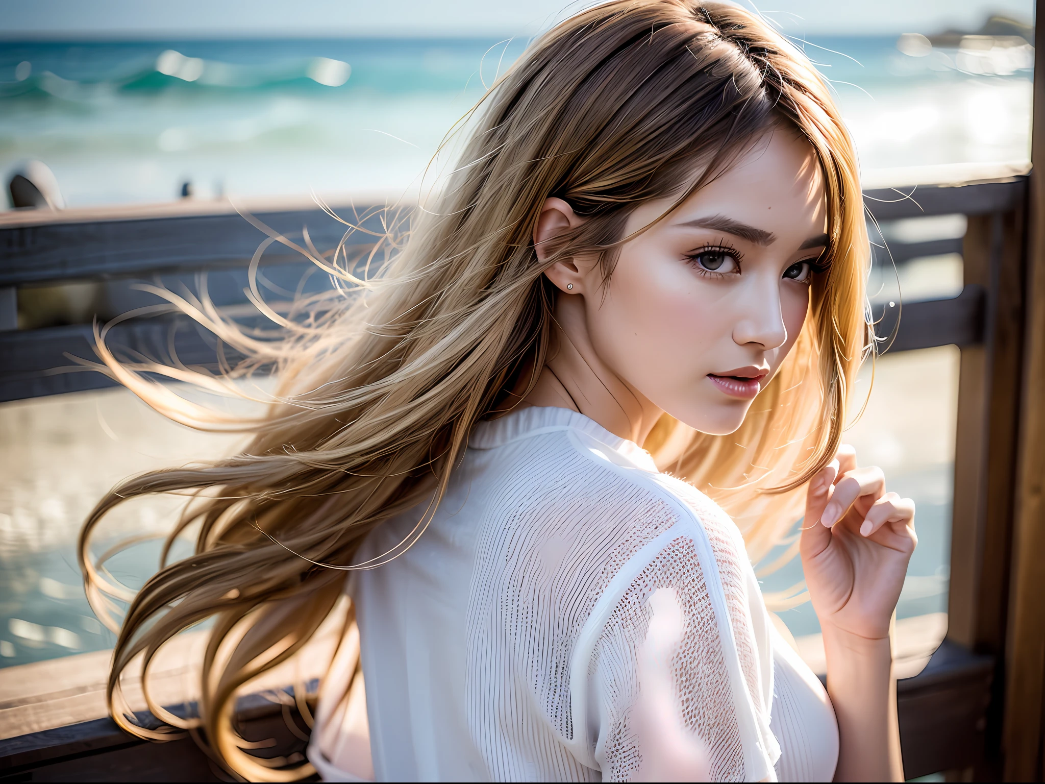 (8k, Best Quality, Masterpiece:1.2),(hair_style) ,(Realistic, Photorealistic:1.37), Best Quality, Masterpiece, Shot on a wooden deck with a view of the sky and sea in the summer sun, [Small breasts], two models with similar atmosphere, backlit, camera angle from the waist up, angle from behind, pose with hair raked up with hands, shot in natural light from morning to noon, Hairstyle and fashion style according to the Japan trend of 2023, realistic, lifelike, super detailed, beautiful face, 30s, actress, half Japan and half Russian, elaborate CG, slender, cute, mature, hairstyle is a short bob cut that matches the fashion of Japan in 2023 and hair fluttering in the wind, delicate skin type, fine details and softness of hair, The model's hair color is slightly bright and soft, and for glossy makeup and fashion style, choose an oversized T-shirt that matches the summer trend of 2023 and combine it with light pastel colors for a casual look.