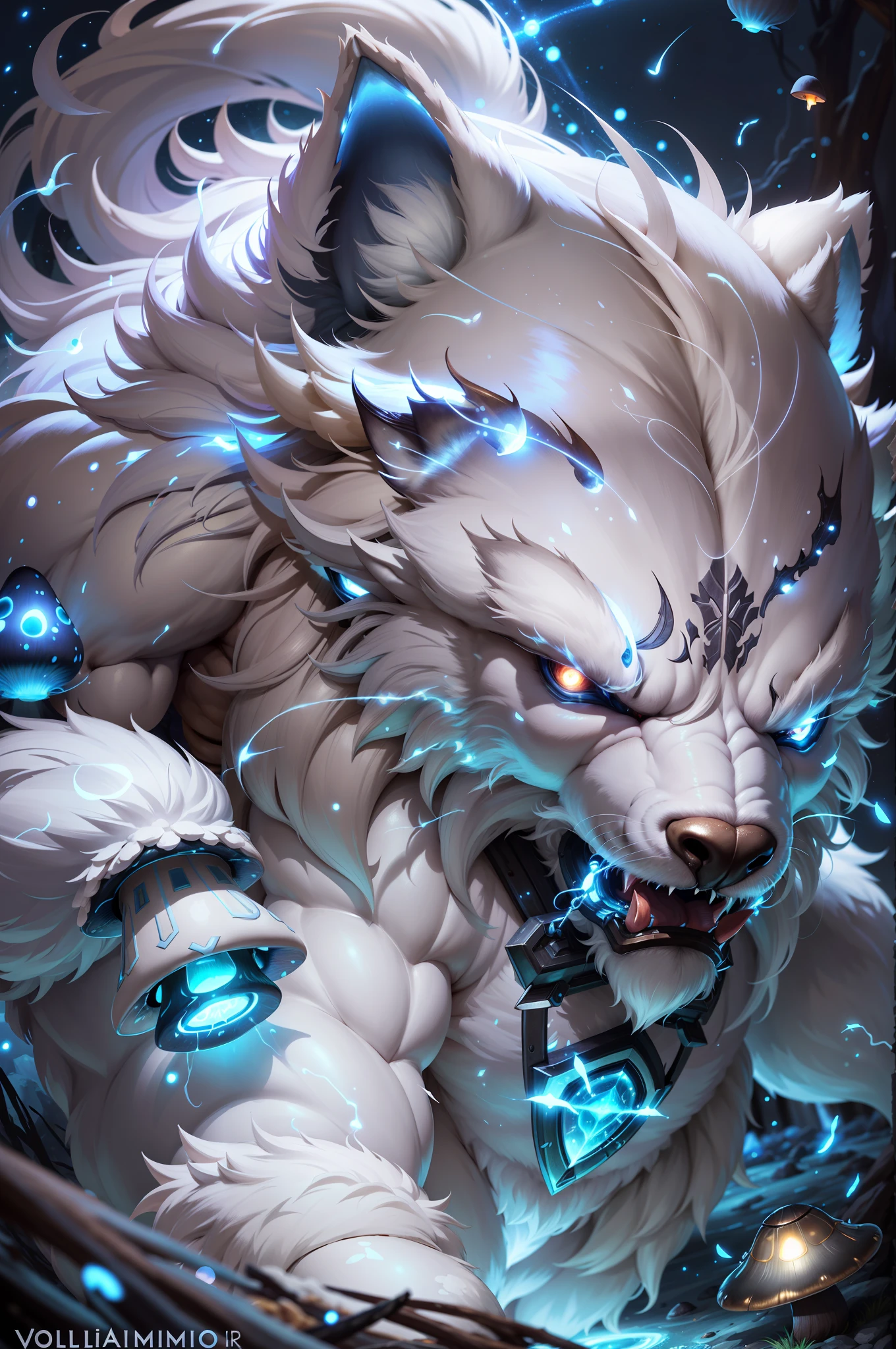 (masterpiece, 4k ,ultra detailed:1.2),(fantasy:1.2),illustration,(realistic:1),(photorealistic:1),
(Volibear, the champion from League of Legends:1.6),
(white hair,very long fur:1.6),(roaring with open mouth:1.3),(white bear with blue eyes and a glowing light on its face:1.4),
(musculous body,blue rays coming out of eyes,rays surrounding around,giant bear:1.3),
(forest, night, lighted mushrooms, fireflies:1.2),