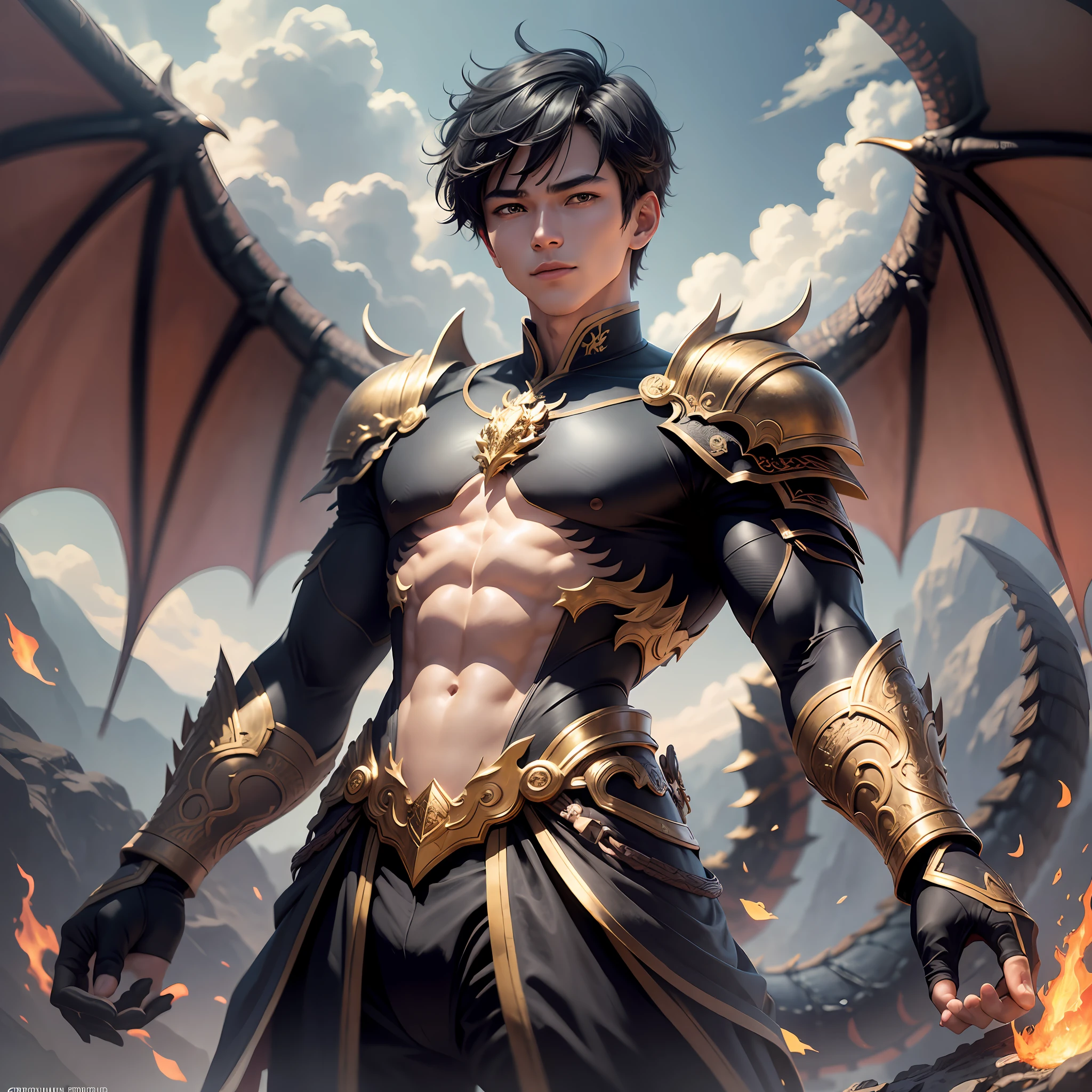 (Realistic, Realistic: 1.3), Extremely delicate and beautifully detailed Boy and Dragon (Best Illustrated), Most Beautiful Shadow, Complex, (Behind a Vietnamese Black Dragon (Dragon: 1.3) ), Surrounded by Flames, Black Mountains, Clouds, Sunset, Sharp Focus, Volumetric Fog, 8k Ultra HD, DSLR, High Quality, (Film Grain: 1.4), Fujifilm XT3, Official Art, Unified 8K Wallpaper, Vietnamese guy, short hair, muscular, High Detail, Dynamic Angle, Shooting (Light Color), OC, (Half: 1.2), Vietnam, (Tape: 1.3), (Dream: 1.3) : 1.5), (Hanfu: 1.5), (Smile: 0.5), (Male God 1.3), Complex, Super Detail, Detailed Background, Cinematic Lighting, Best Shadow, Face Detail, Light dramatic light, intricate detail, layered short hair, elegant light, wide angle, alone, full body, colorful, fire, muscle, 6 pack, pretty short hair, light brown eyes, pretty pattern , gems, gold, volumetric light, contrast, boy with dragon on his head, boy with black hair, wearing modern vietnamese fashion --auto --s2