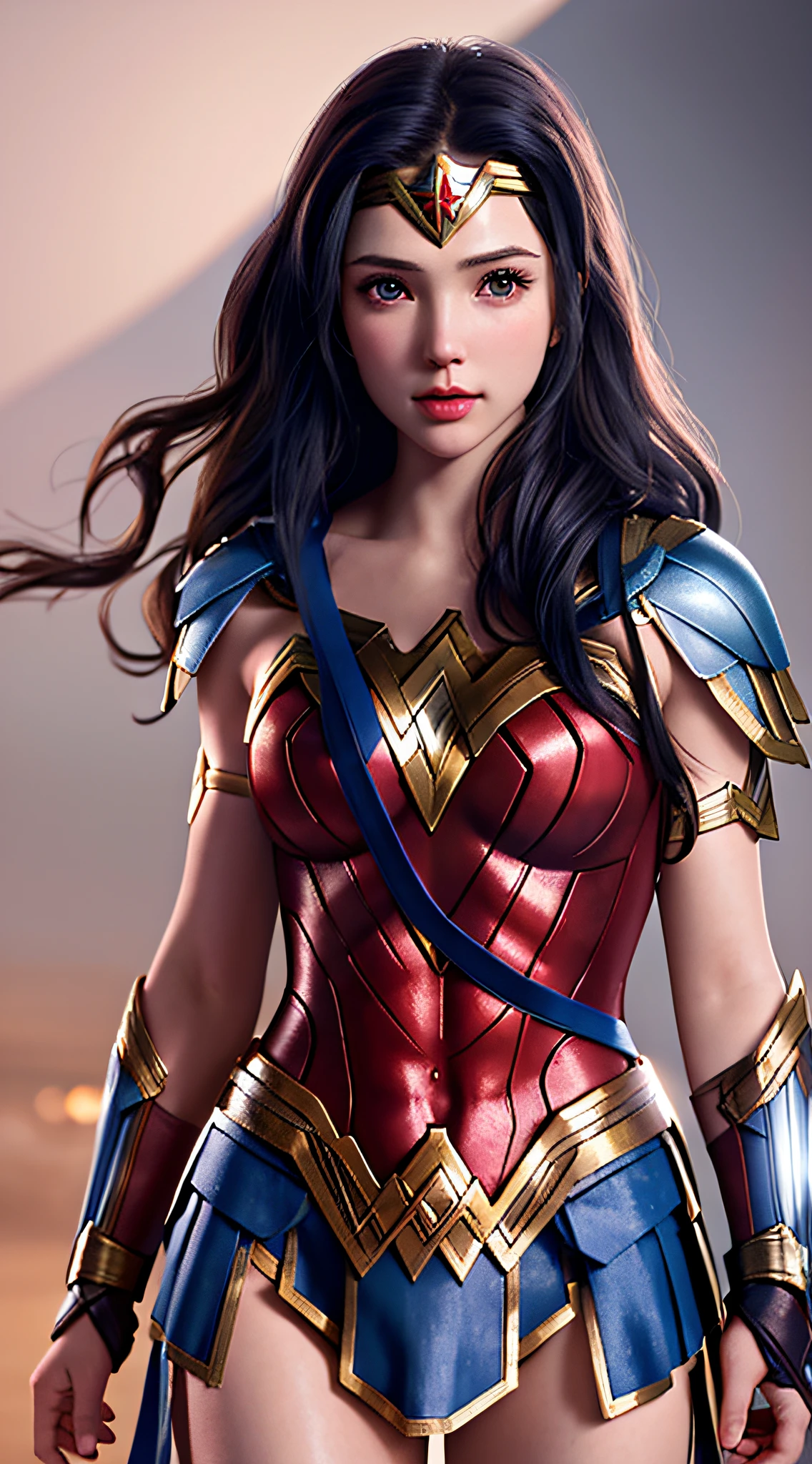 wonder woman, red and blue armor, photography, soft lighting, soft details, octane, artstation trending, ultra high detail, ultra realistic, cinematic,16k