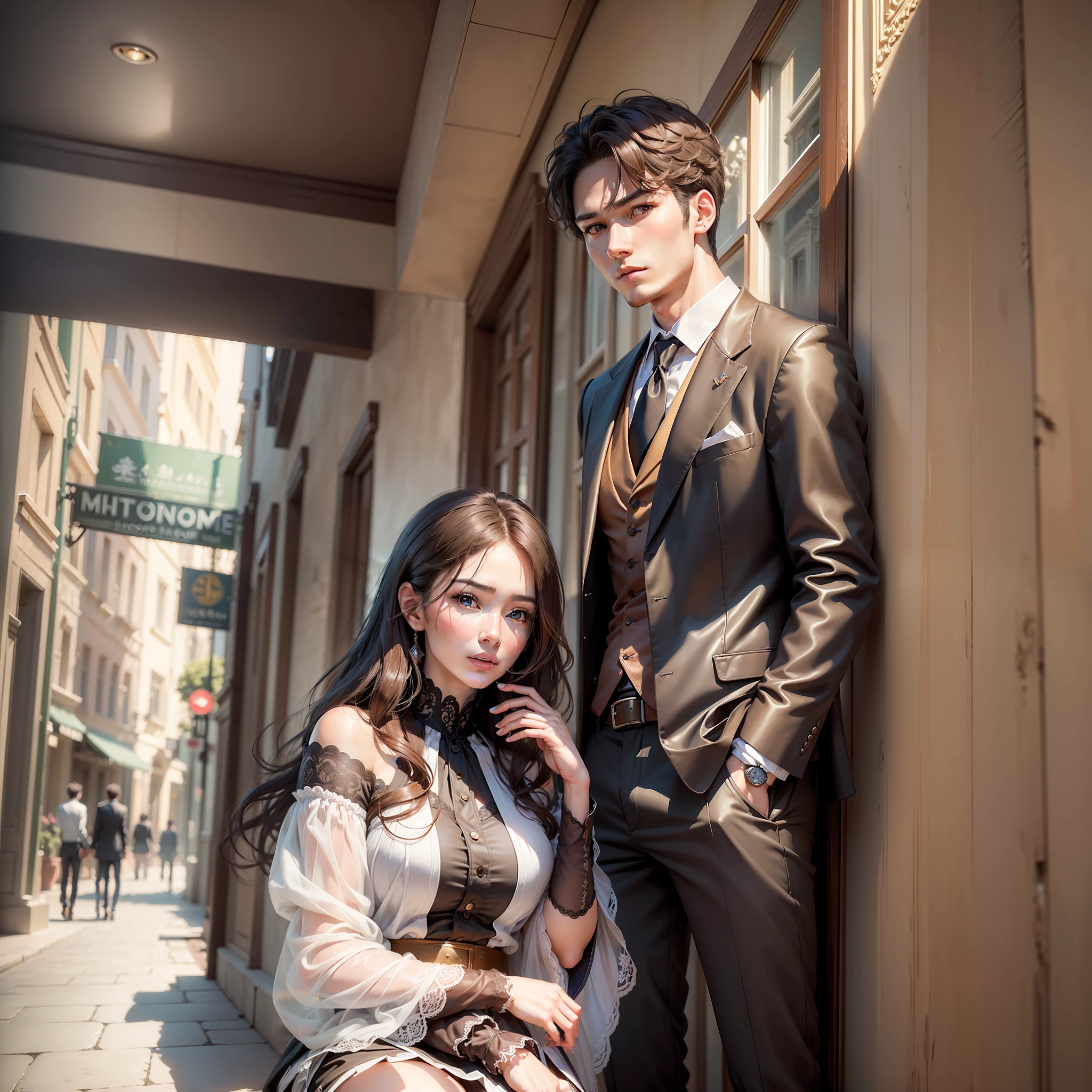 ((Top Quality, 16k, Masterpiece, photorealism, photography, Realistic)) encontry couple, woman and man, like a kdrama scene, real body, full body, Highly detailed face and texture, beautiful eyes, Detail hair, good proportions, anatomically correct, high details, full clothes