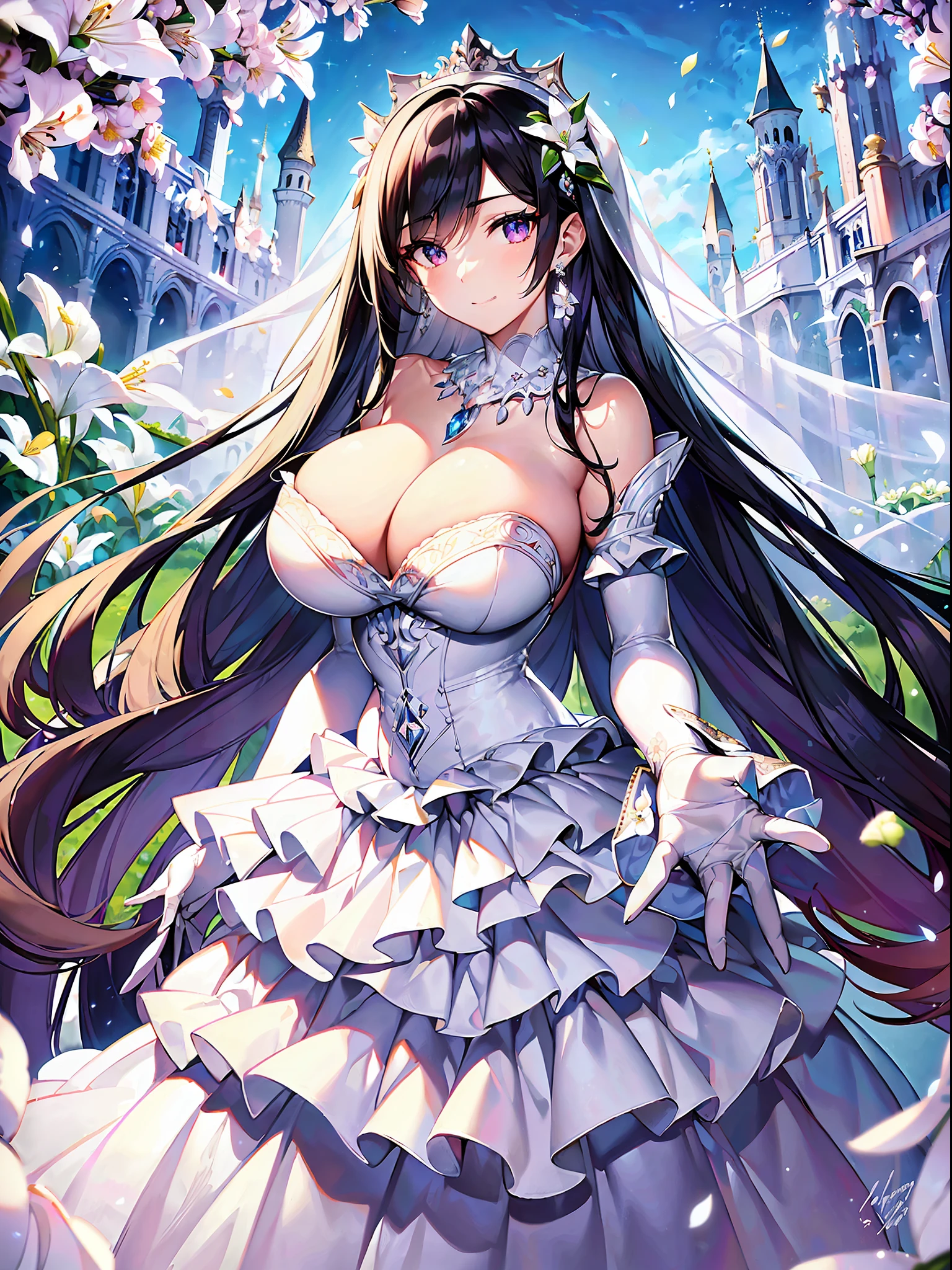 ((anime artstyle)),(((Masterpiece))), ((Best Quality)), ((Super Detail)), Illustration, (((Very Delicate and Beautiful))),Dynamic Angle,Looking at viewer,((((Solo)))),June bride,(((1 arrogant empress in white wedding dress having a wedding ceremony in a flower field outside a church))), in the flower garden,((((Full body)))),(standing),(((smile))),Purple eyes,(Sharp eyes),Detailed Face, Long Eyelashes,Jet Black Hair,(Straight Hair),((Very Long Hair)),Bangs between eyes, (((gigantic breasts))),cleavage,skindentation,curvy,See-through,(((fusion of white wedding dress and white rococo ball gown))),((fusion of white wedding dress and white princess dress)),(fluffy white wedding dress with gorgeous embroidery),((hoop skirt)),long skirt,corset,crinoline,(long wedding veil),opera gloves,finely decorated jeweled big tiara, gem earrings,finely decorated necklace,Beautifully jeweled ornaments,outdoor,sky, ((white lily flowers)), flower petals flowing, flowers,(floating church),light particles,