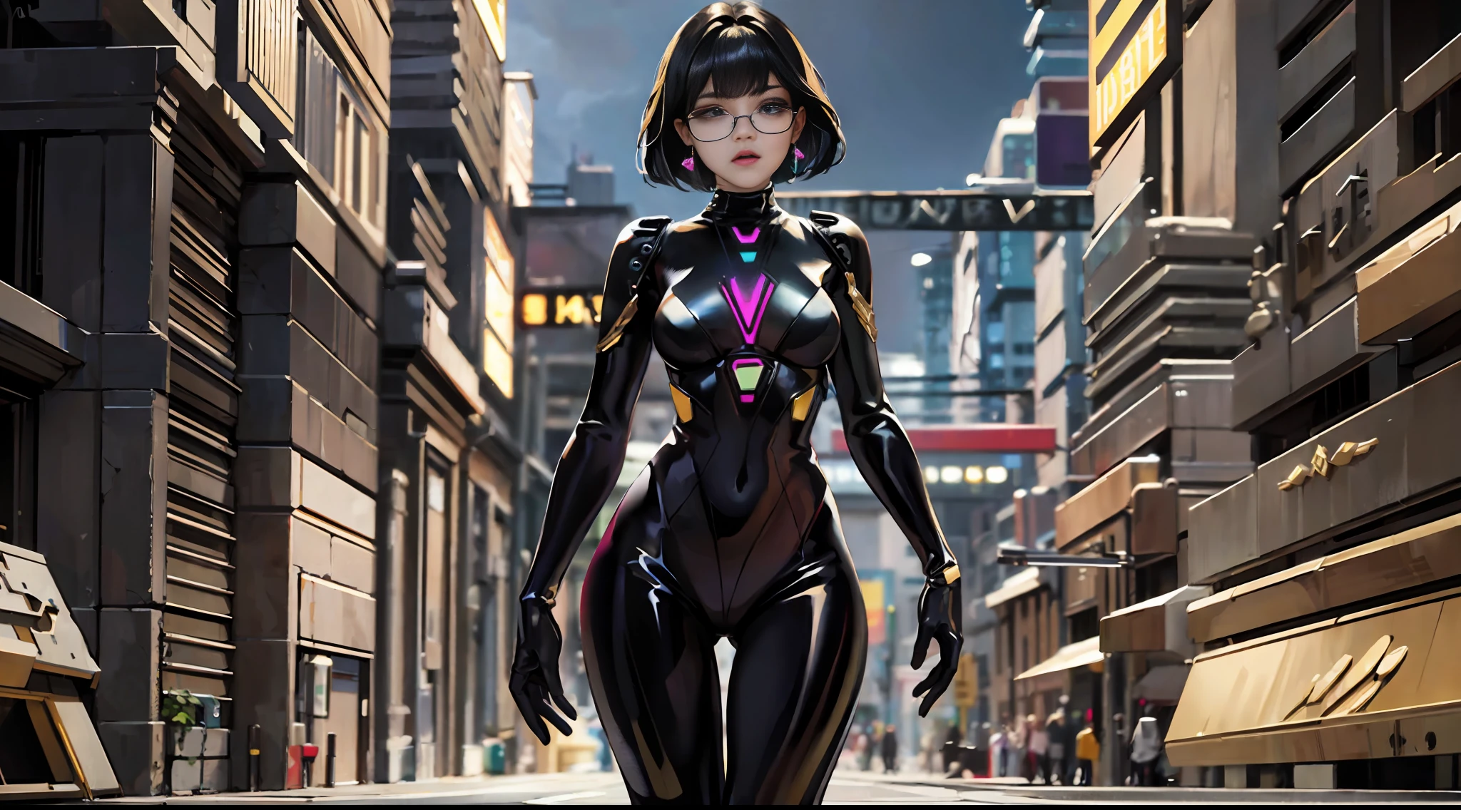 full body picture Unreal Engine 5 8K UHD Octane, fractal, pi, realistic beautiful girl, face detailed, wearing cyberpunk futuristic black latex catsuit, gold lace, latex glove, earrings, short hair, gold necklace, glasses, best quality, masterpiece