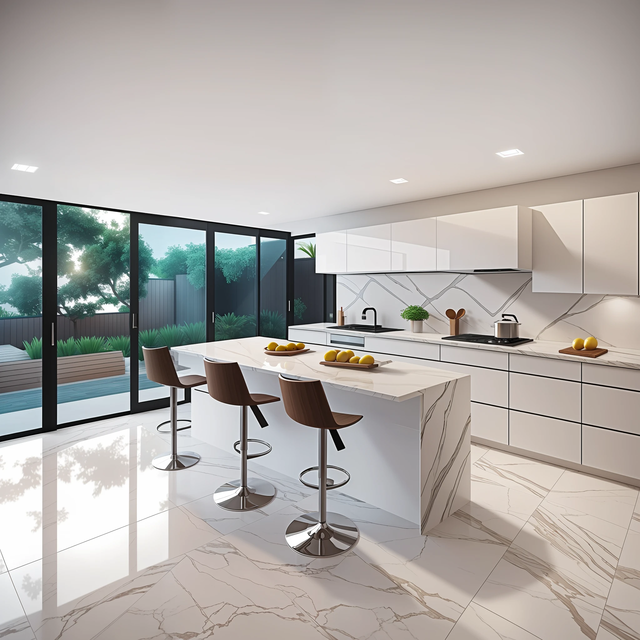 Right angle isometric view, high detail, realistic lighting, open kitchen, modern, marble countertops (highlighting details), modern kitchenware --auto --s2