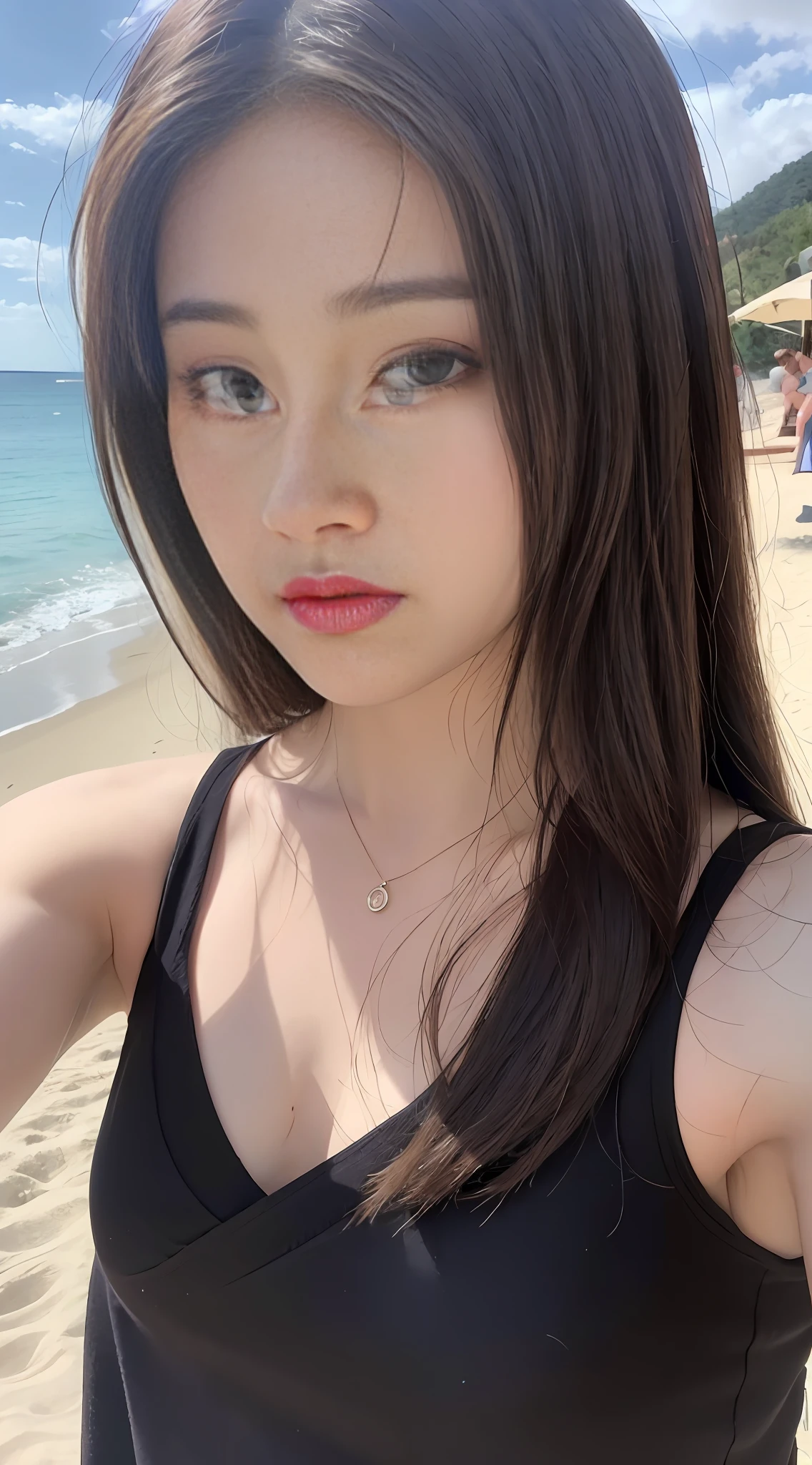 ((Realistic lighting, Best quality, 8K, Masterpiece: 1.3)), Focus: 1.2, 1girl, Perfect Figure: 1.4, Slim Abs: 1.1, ((Dark Brown Hair)), (Beautiful Clothing: 1.5), (Outdoor, Beach: 1.1), Sexy, Selfie, Super Fine Face, Fine Eyes, Double Eyelids, Flushed,