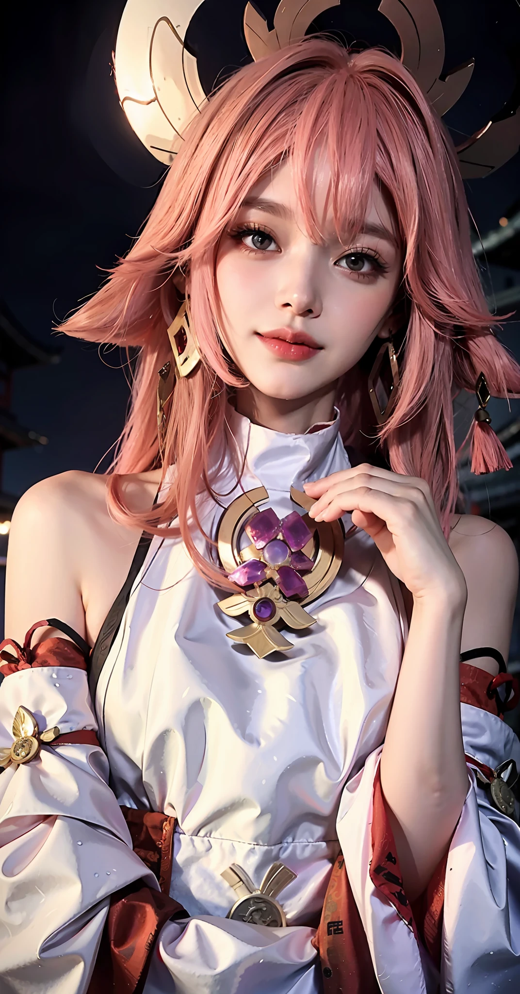 ((Medium Breath)), 1girl, yae miko, sleeves, bare shoulders, pink hair, long hair, Japanese clothing, best quality, (hair accessory: 1.35), jewelry, purple eyes, earrings, breasts, torii, lantern lights, depth of field, face focus, (viewers: 1.25), non-traditional witch, shiny skin, long sleeves, smile, East Asian architecture, (blurred background: 1.2),