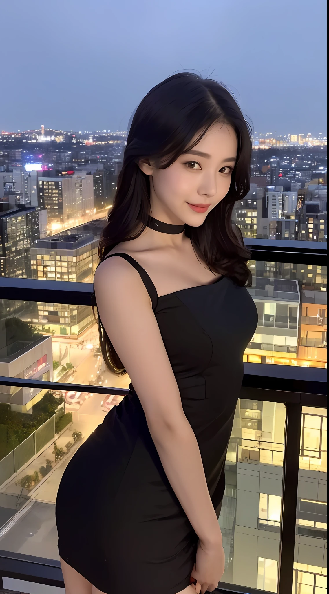((Best Quality, 8K, Masterpiece: 1.3)), Selfie, Sharp Focus: 1.2, Cute Beauty with Perfect Figure: 1.4, Slim Big: 1.2, ((Brown-Black, Big: 1.2)), (Small transparent dress, semi-nude, ultra-thin breasts, happy expression, standing: 1.2), ((Night view of the rainy city, simple balcony: 1.3 created mainly by women)), Highly detailed face and skin texture, fine eyes, double eyelids, super sexy black suspenders, transparent clothes