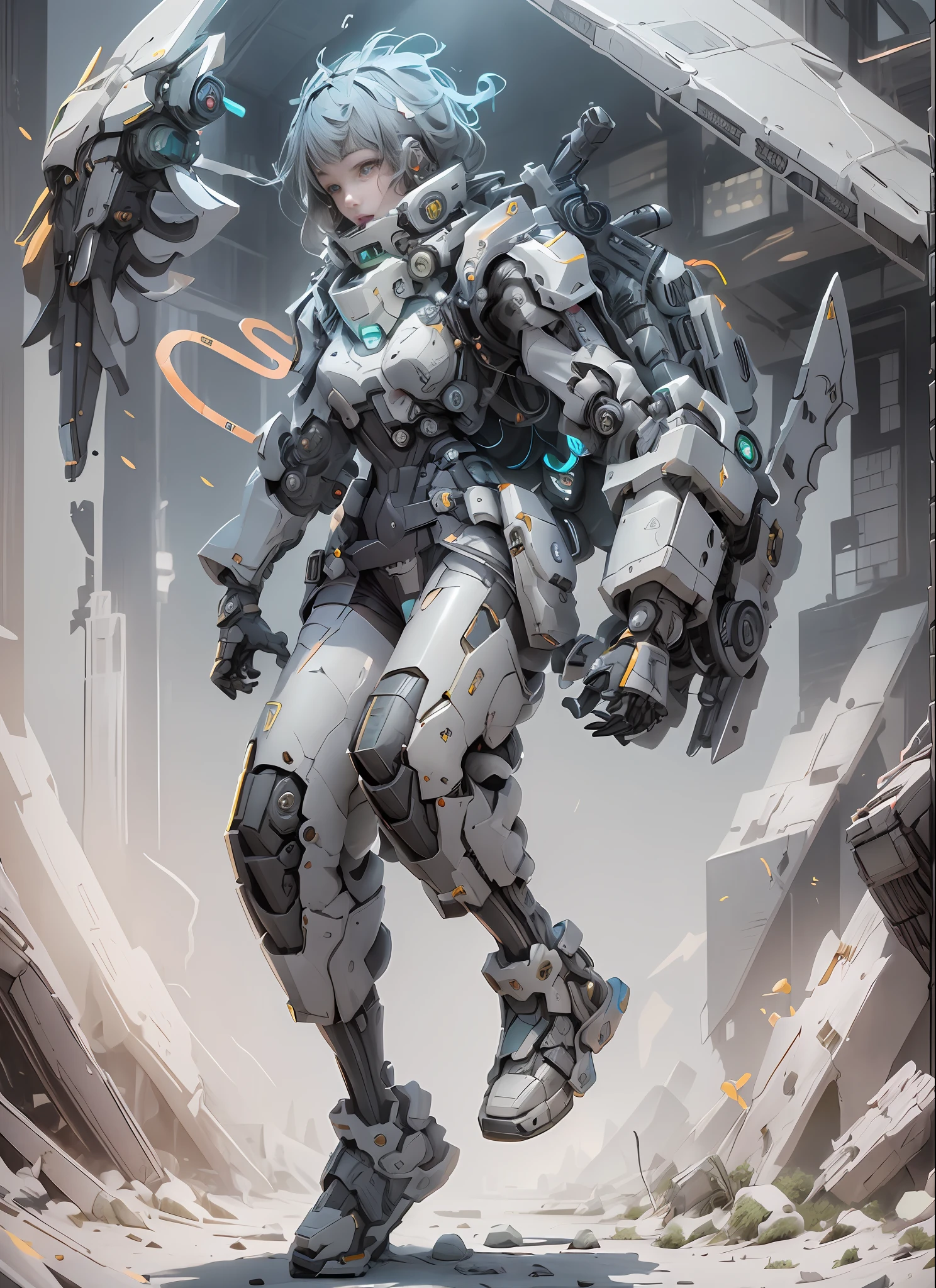 ((Best Quality)), ((Masterpiece)), (Very Detailed:1.3), 3D, Shitu-mecha, Beautiful cyberpunk man with her mech in the ruins of a city in the forgotten war, Ancient technology, HDR (High Dynamic Range), ray tracing, NVIDIA RTX, Super Resolution, Unreal 5, Subsurface Scattering, PBR Texture, Post Processing, Anisotropic Filtering, Depth of Field, Maximum Sharpness and Acutance, Multilayer Texture, Albedo and Highlight Mapping, Surface Shading, Accurate simulation of light-material interactions, perfect proportions, octane rendering, duotone lighting, low ISO, white balance, rule of thirds, wide aperture, 8K RAW, efficient sub-pixels, subpixel convolution, luminescent particles, light scattering, Tyndall effect