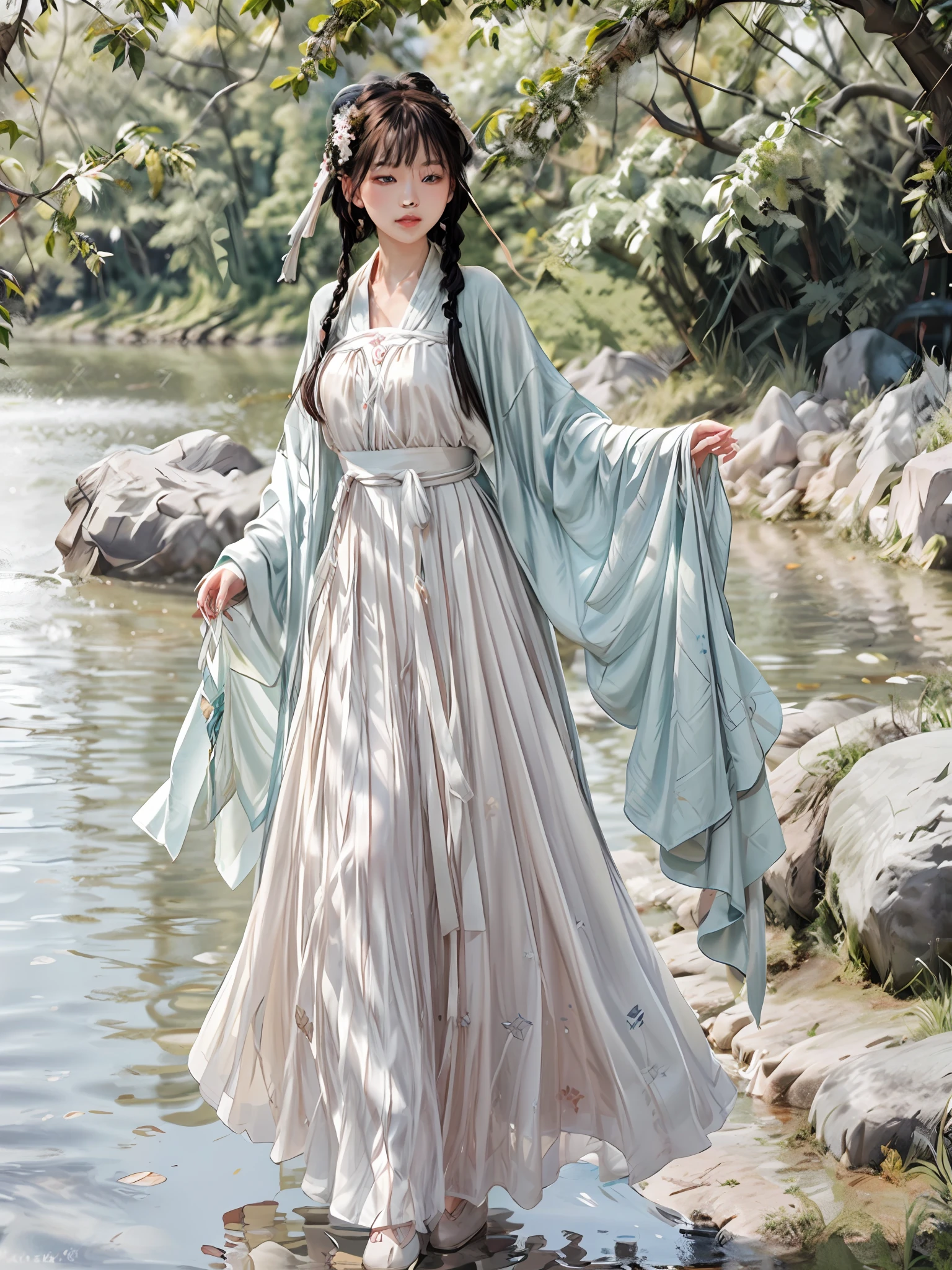 (8k, best quality, masterpiece:1.2), (realistic, photo-realistic:1.2), 1 girl with perfect face and eyes, wearing white hanfu in Tang style, with full body view emphasized (1.2), As she walked along the bank of the river, the sunshine reflecting off the water created a dazzling display of light and shadow on the smooth surface. The breeze ruffled the hem of her white hanfu in Tang style, making it sway like a gentle wave in the water.

Her eyes were fixed on the horizon, but her thoughts were lost in contemplation. The girl with a perfect face and eyes had an air of serenity about her, as if she were at one with the world around her. Her hair was swept back in a loose braid, and a few strands danced around her face in the wind.

As she approached, I couldn’t help but admire her beauty. Her flawless features were accentuated by the natural light, and her eyes sparkled like diamonds in the sun. She had an elegance and poise about her that was rare to see.

The girl walked with a graceful step, her feet sinking into the soft ground. She seemed to glide effortlessly along the riverbank, as if she were part of the landscape itself. As I watched her disappear into the distance, I couldn’t help but feel a sense of awe and wonder. The girl with a perfect face and eyes was a vision of beauty, one that would stay with me for a long time to come.