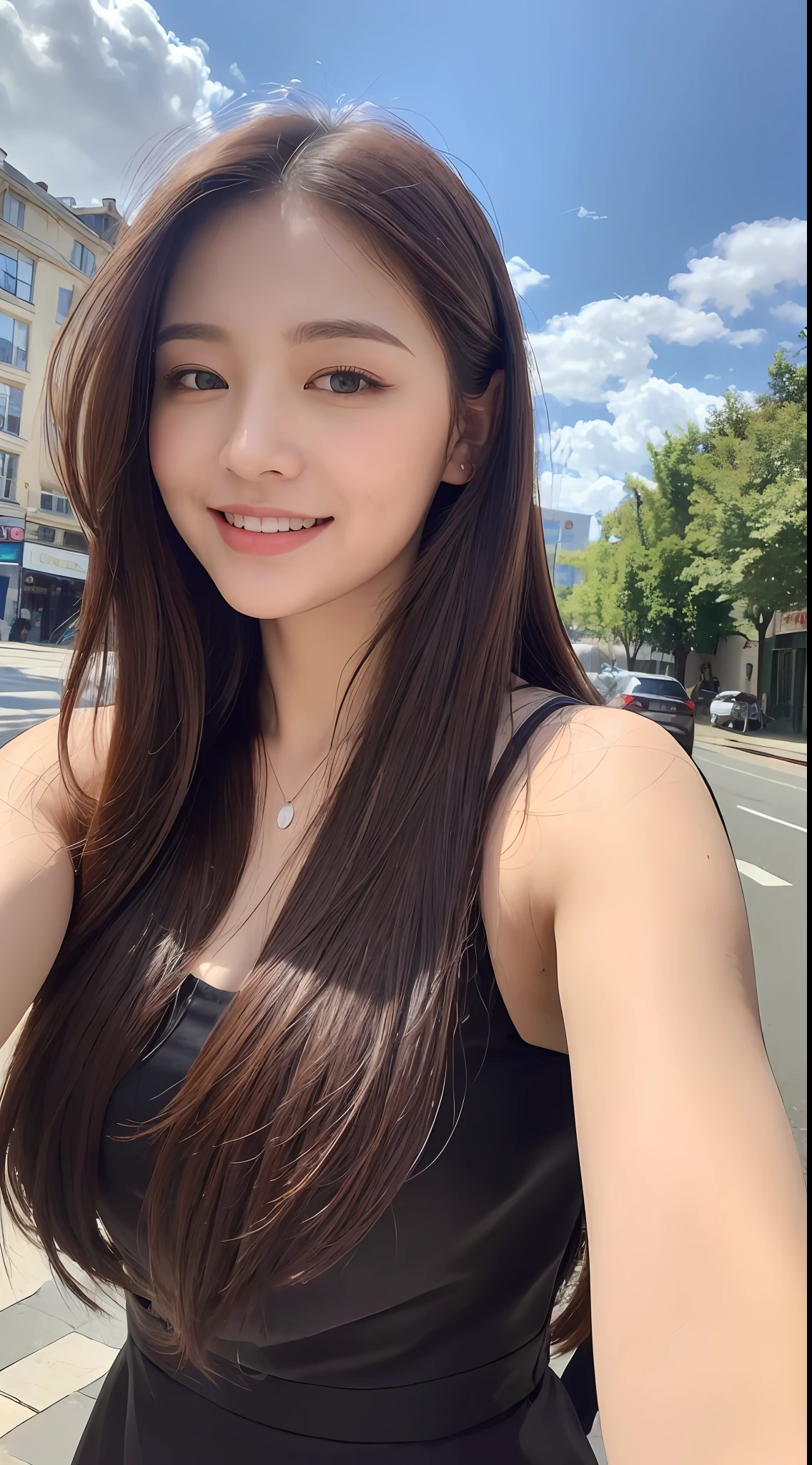 ((Best quality, 8k, Masterpiece :1.3)), 1girl, taking selfie, closeup, smiling, slim face, Pretty woman, (Dark brown hair), full length dress :1.1, Ultra-detailed face, Detailed eyes, Double eyelid, blur background, slim face, city, outside, street, sunny, sky, Nature
