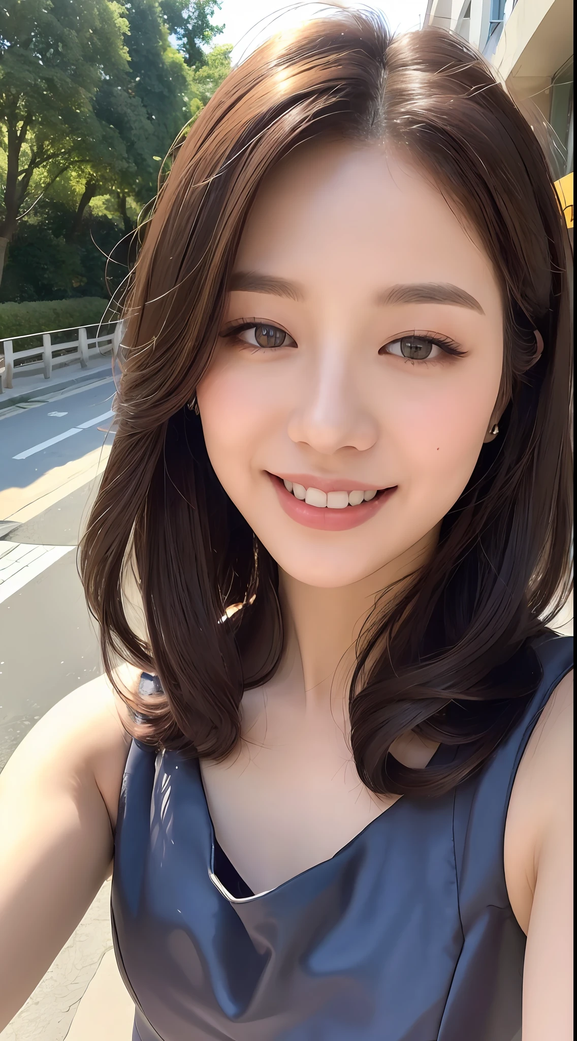 ((Best quality, 8k, Masterpiece :1.3)), 1girl, taking selfie, closeup, smiling, slim face, Pretty woman, (Dark brown hair), full length dress :1.1, Ultra-detailed face, Detailed eyes, Double eyelid, blur background, slim face, city, outside, street, sunny, sky, Nature