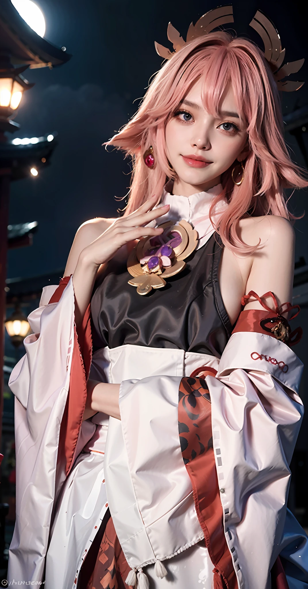 ((Medium Breath)), 1girl, yae miko, sleeves, bare shoulders, pink hair, long hair, Japanese clothing, best quality, (hair accessory: 1.35), jewelry, purple eyes, earrings, breasts, torii, lantern lights, depth of field, face focus, (viewers: 1.25), non-traditional witch, shiny skin, long sleeves, smile, East Asian architecture, (blurred background: 1.2),