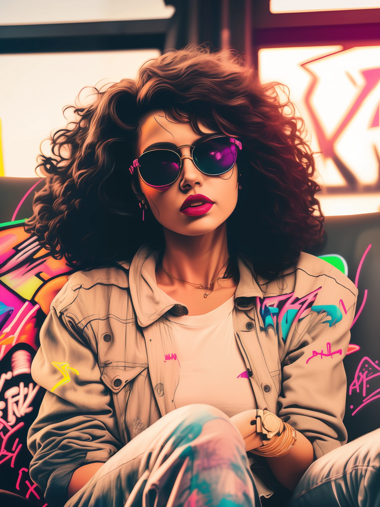 HD, (Best Detail) (Best Quality), Meticulous Facial Features, Arapei Woman in Sunglasses Sitting on Sofa Chair, (((Trigger Studio Style, Graffiti Art, Graphics, Neon Colors)))