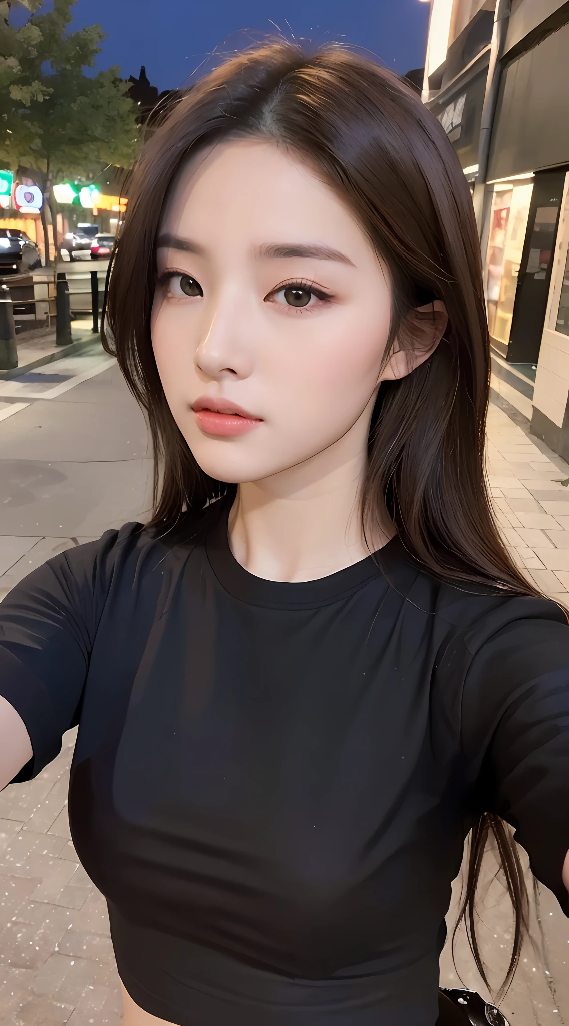 ((Realistic lighting, Best Quality, 8K, Masterpiece: 1.3)), Focus: 1.2, 1girl, Perfect Beauty: 1.4, Slim Abs: 1.1, ((Dark brown hair)), (T-shirt: 1.4), (Outdoor, Night: 1.1), City Street, Super Fine Face, Fine Eyes, Double Eyelids,