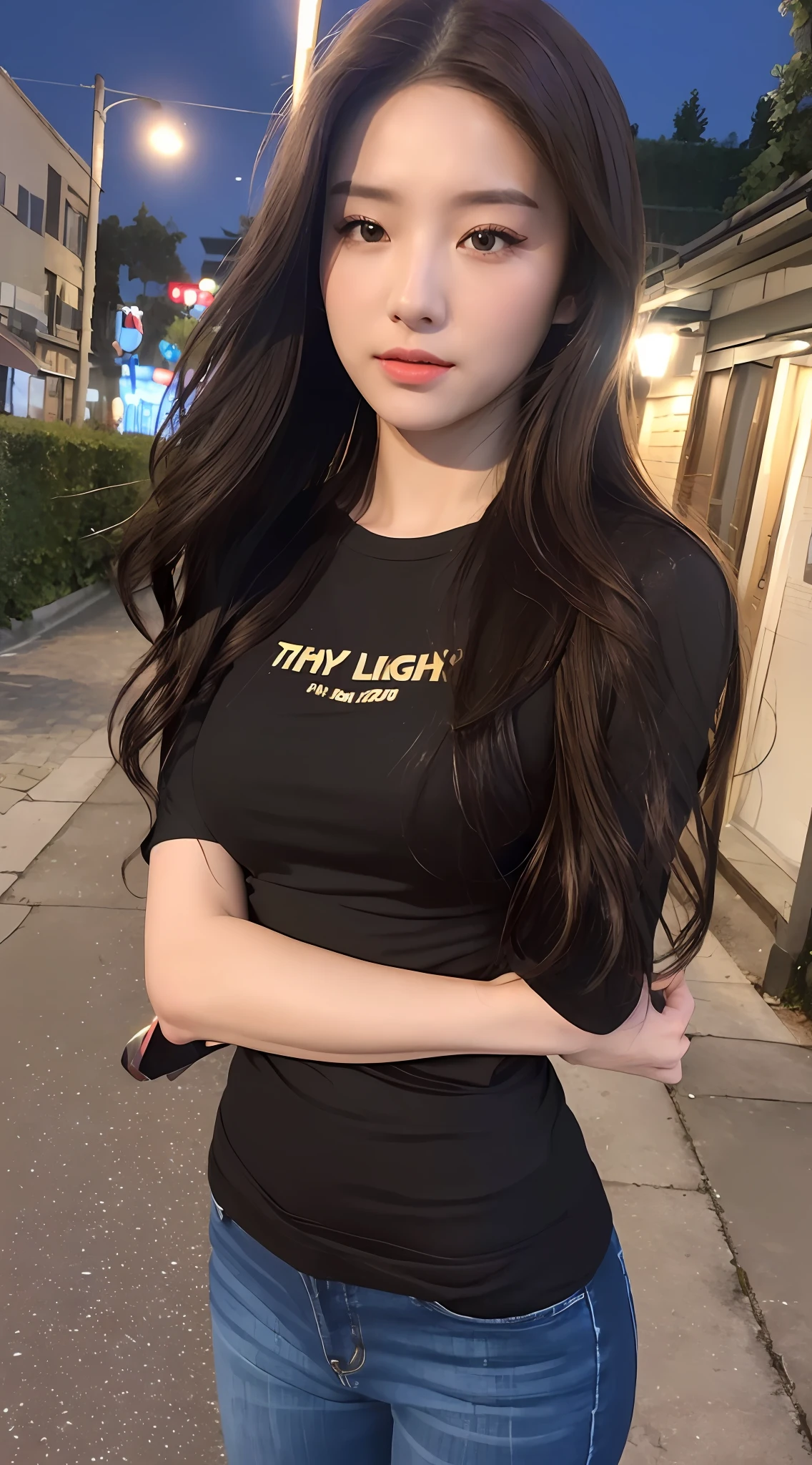 ((Realistic lighting, Best Quality, 8K, Masterpiece: 1.3)), Focus: 1.2, 1girl, Perfect Beauty: 1.4, Slim Abs: 1.1, ((Dark brown hair)), (T-shirt: 1.4), (Outdoor, Night: 1.1), City Street, Super Fine Face, Fine Eyes, Double Eyelids,