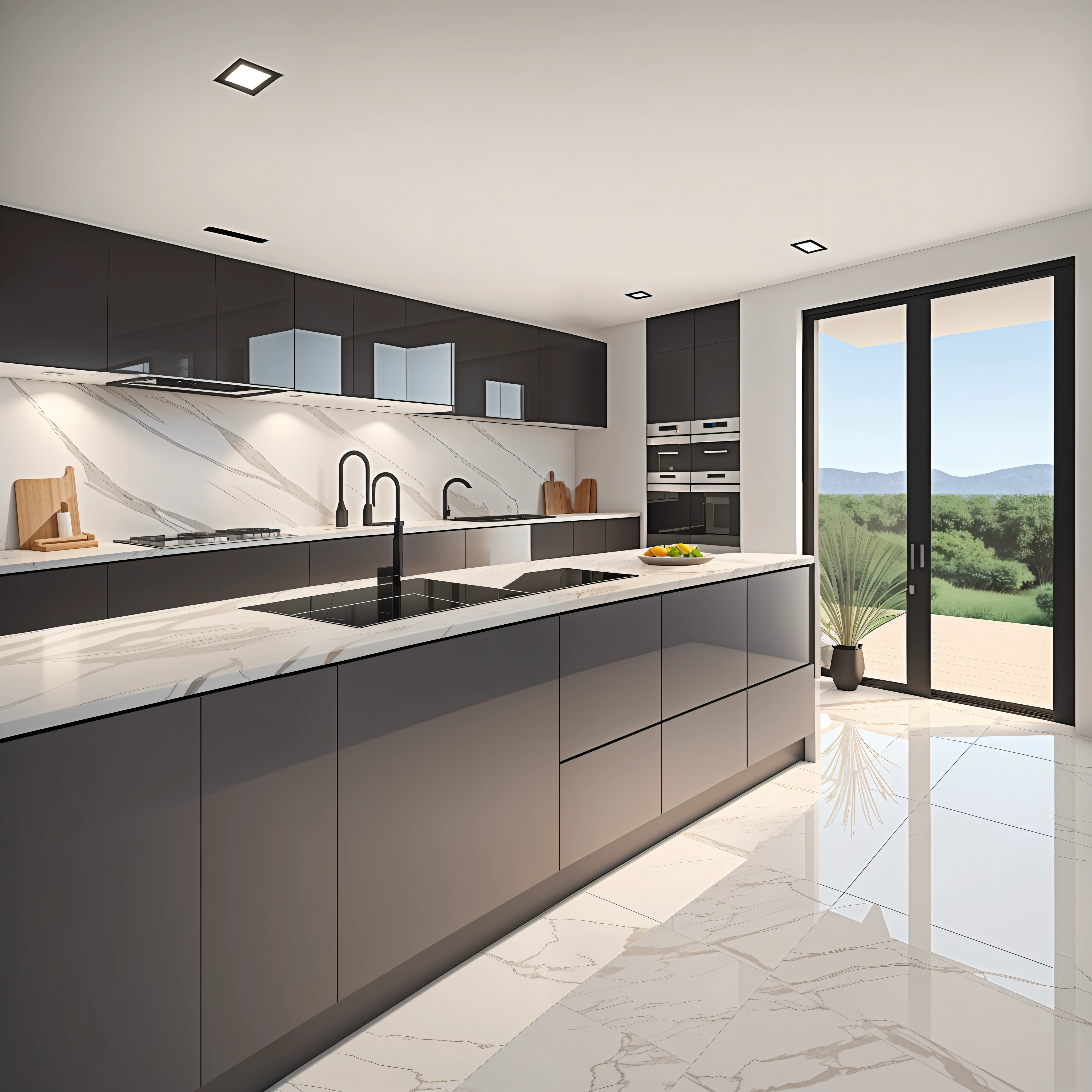 Right angle isometric view, high detail, realistic lighting, open kitchen, modern, marble countertops (highlighting details), modern kitchenware --auto --s2