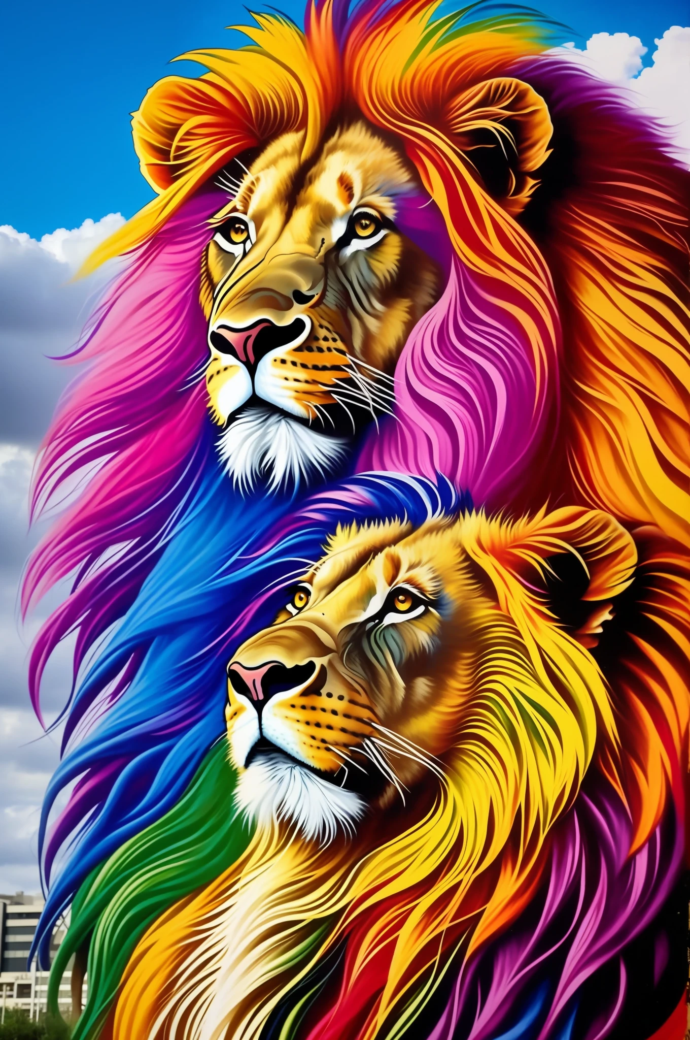 Lion and lioness eduardo Kobra street artist,realistic,colorful 16k((extreme realistic)) ,very colorful ,details,extreme mane