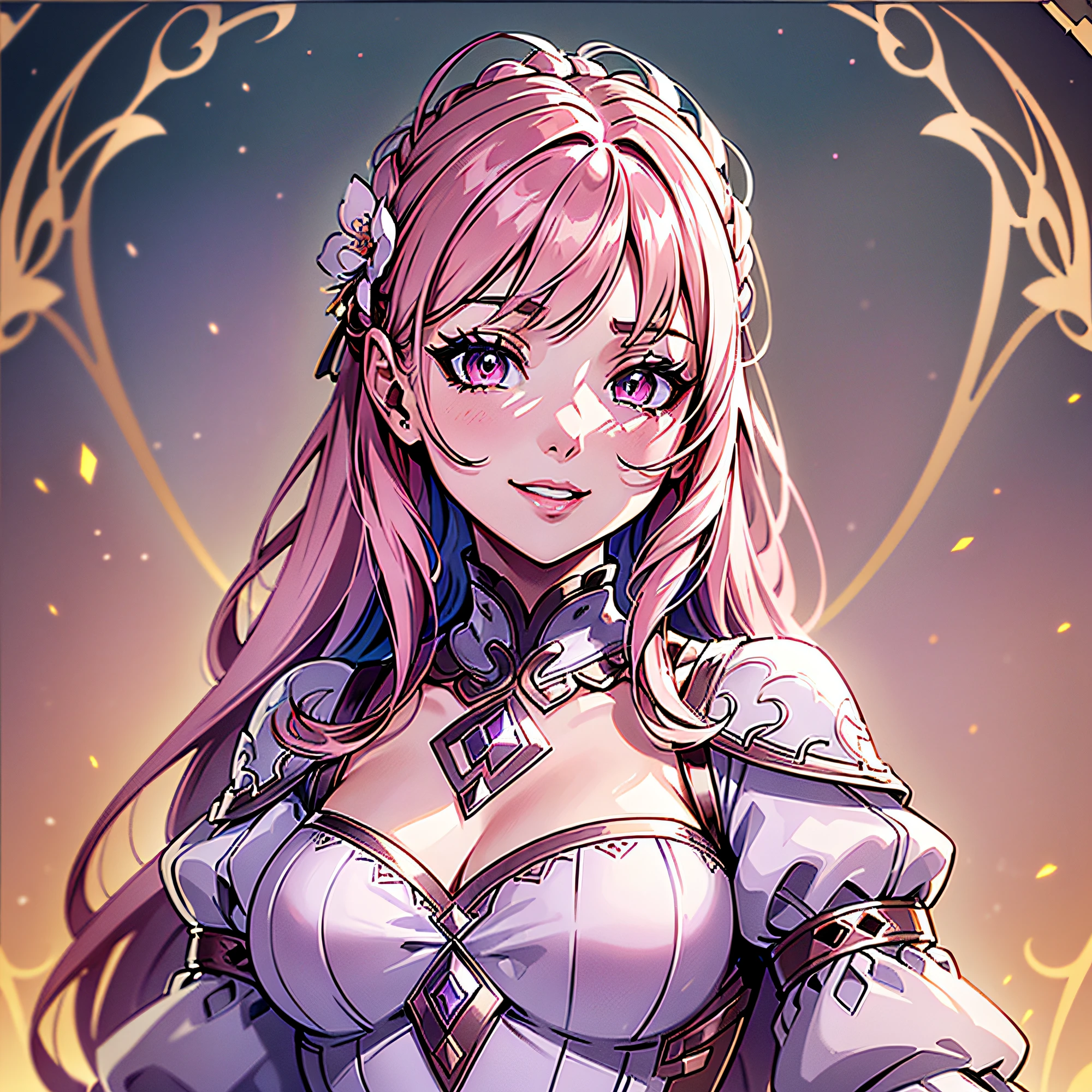 (Smile: 1.5, top quality, masterpiece, beautiful girl in a pretty dress, long hair, (pink eyes), (pale pink outfit), (ultra high resolution, high resolution, super detailed, highly detailed), creative storytelling, unique textures, concept art, colorful and pale rich color design, pastel colors, cinematic lighting, direct light, ray tracing, Fine brightness, depth of field, perfect perspective and three-dimensionality, perfect anatomy, (gaze: 1.3), detailed face, detailed hair, light-reflecting hair, wind, beautiful detailed eyes, eye highlights, eyes full of emotions, detailed costumes, meticulously designed clothes, garment luster, detailed clothing wrinkles, comfortable to the touch fabrics, light-reflecting clothes, unique pattern clothes)