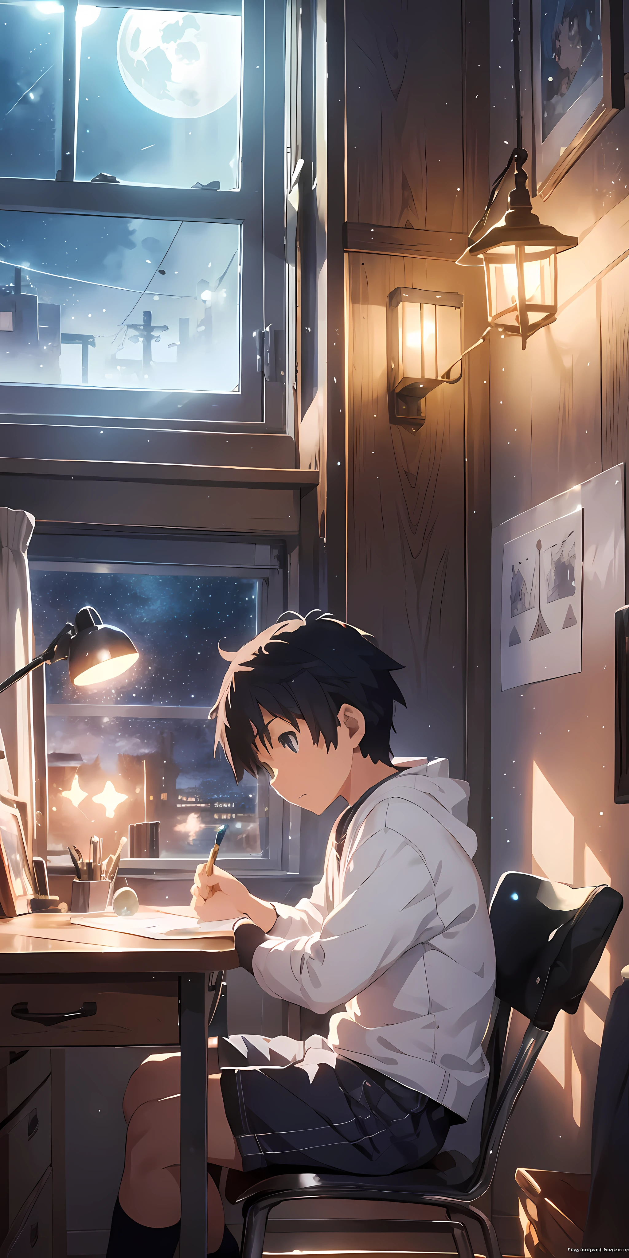 A boy painting on his desk in his beautiful cozy room, warm lights in his room, night time, concept art inspired by makoto shinkai, pixiv contest winner, best quality, beautiful anime scene, a bright moon, Anime scene, cinematic anime scene, Night, Fantastic anime, Atmospheric Anime, Starry Sky, Detail Enhanced.
