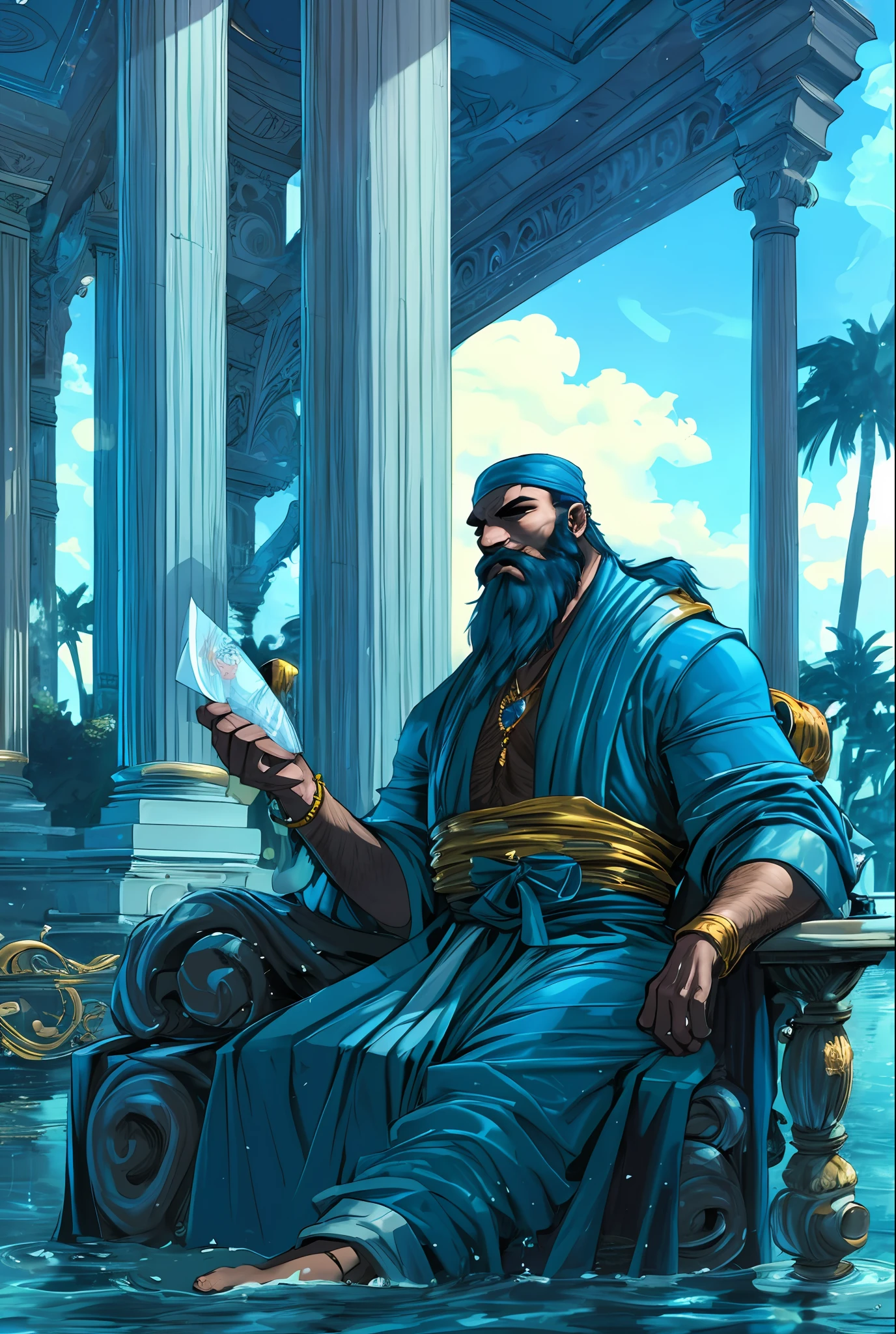 JoeMad, masterpiece, best quality,1guy, solo, blue skin, long beard, (beautiful bearded genie man:1.2) (lounging:1.4) in a neoclassical world's fair (peristyle:1.2) world's fair trim teal royal robes wealthy luxury opulent extravagant immaculate ornate fountains, from_sideworld's fair, neoclassical, fountains, columades, baths, canals, st louis, peristylum, folding fan, 80s aesthetic, Synthwave, jewelry, fantasy, teal theme