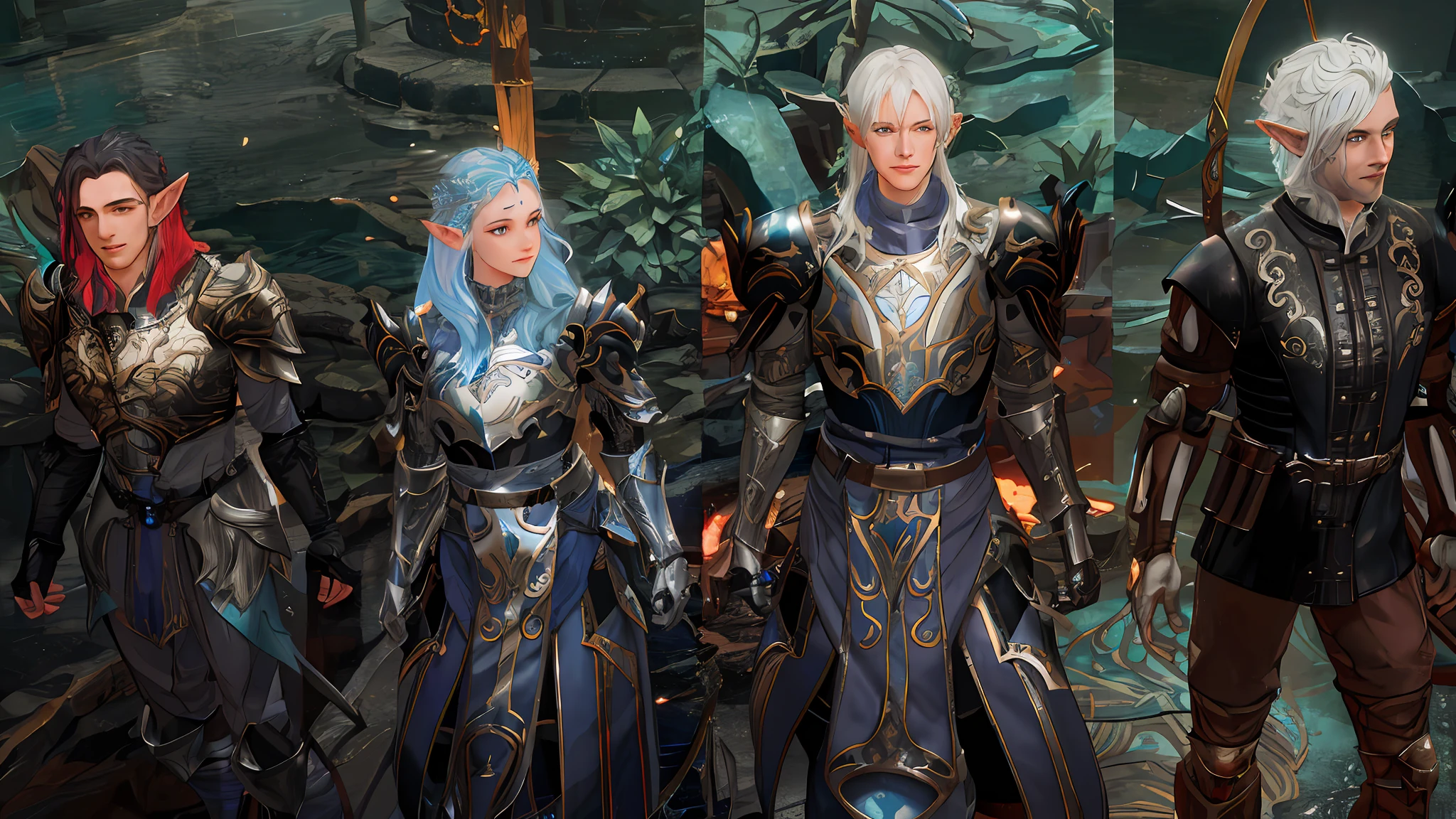 there are four people in armor standing in a room, machine elves, npc with a saint's halo, silvery skinned male elf, elves, flowing robes and leather armor, ornate flowing silvered robes, blue and ice silver color armor, of an elden ring elf, <mmorpgs scene, sliver ice color reflected armor, medium shot of two characters