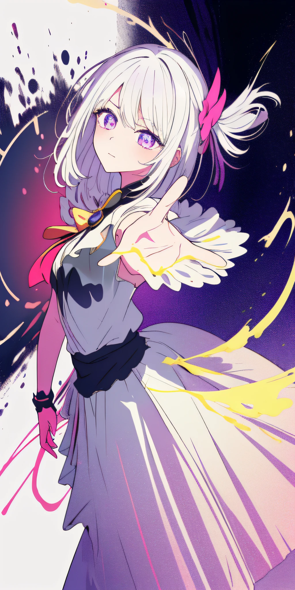 (masterpiece:1.2, best quality), (finely detailed beautiful eyes: 1.2), (extremely detailed CG unity 8k wallpaper, masterpiece, best quality, ultra-detailed, best shadow), (detailed background), (beautiful detailed face, beautiful detailed eyes), High contrast, (best illumination, an extremely delicate and beautiful),1girl,((colourful paint splashes on transparent background, dulux,)), dynamic angle,beautiful detailed glow,full body, cowboy shot, white hair, purple eyes,
