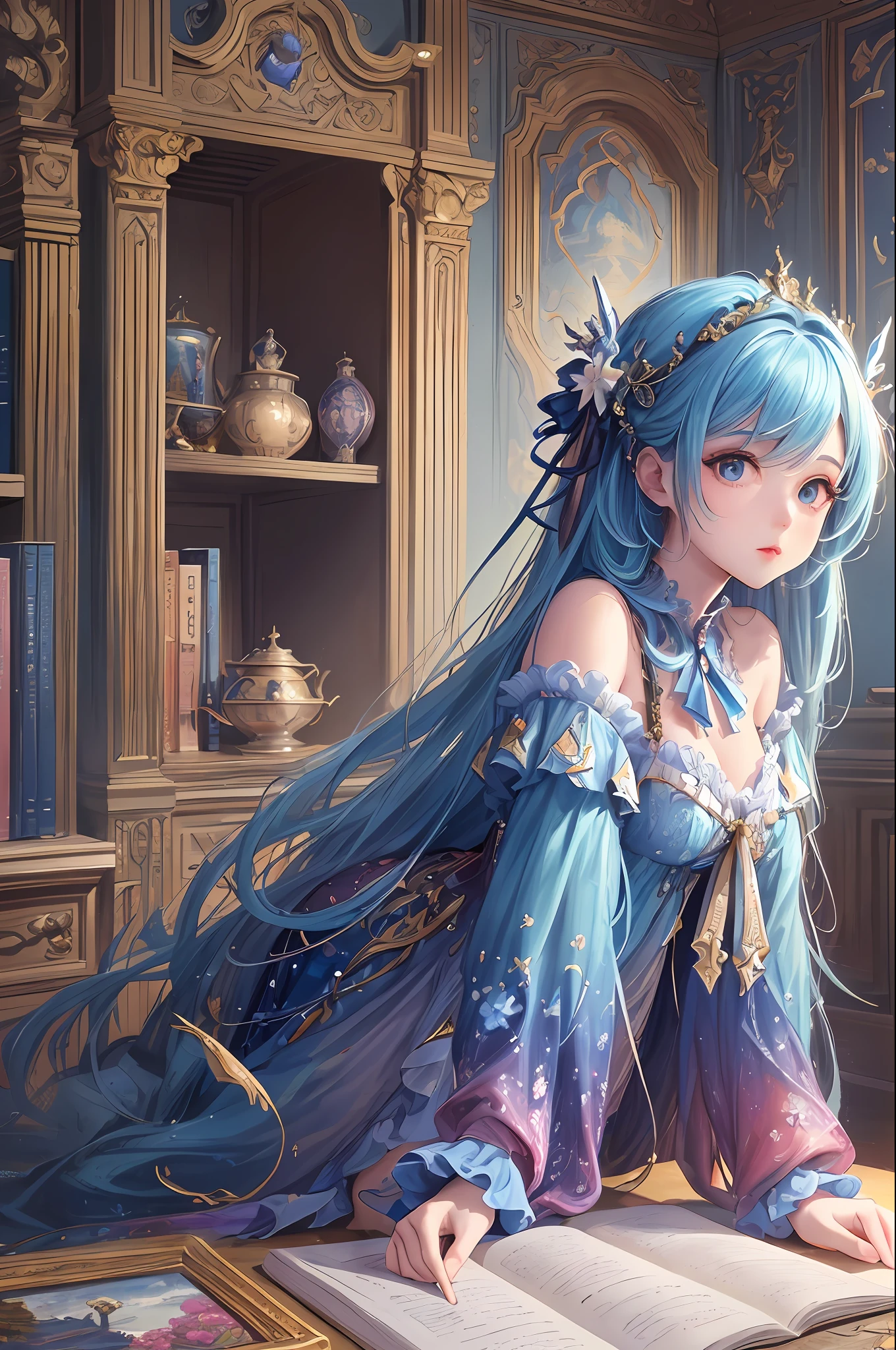 ( Absurd , High quality , ultra detailed, masterpiece, concept art, smooth, highly detailed artwork, hyper realistic painting ) Dreamy , Romantic , Vivid, girl , sky blue , blueberry shortcake character, bookworm, cute , whole body ,
