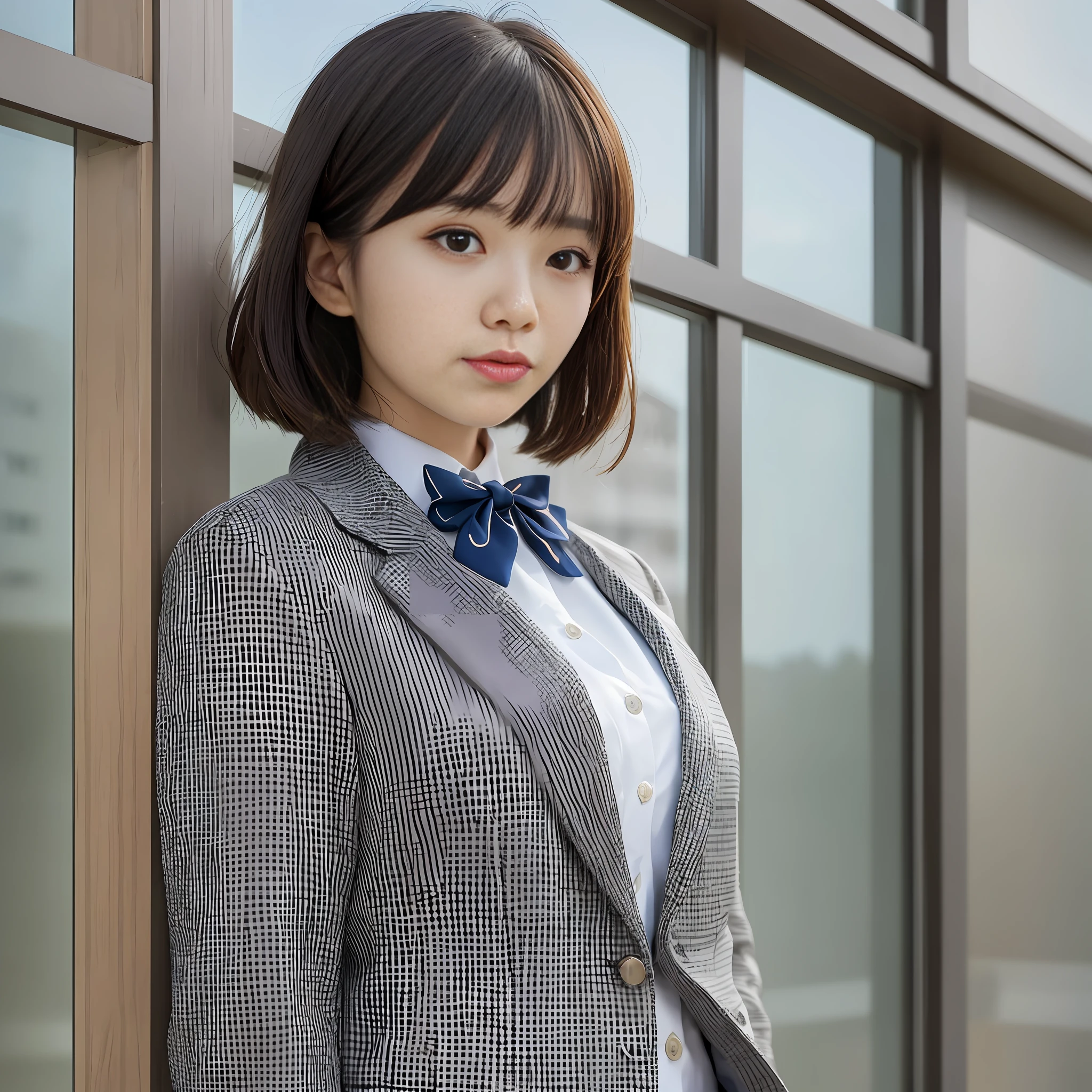 1 girl, mature woman, Japan girls' high school blazer uniform, bow, photo, bobcut, realistic, top quality, adopted, detailed face, full body, office, building from window, detailed background, diffuse sunlight, depth of field, bokeh