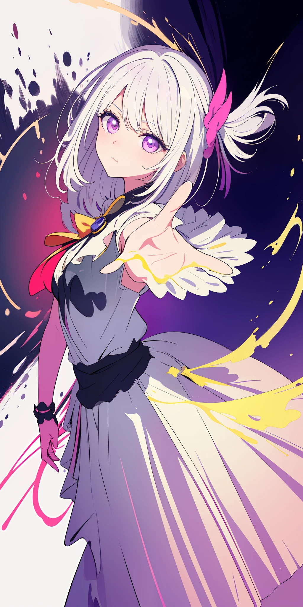 (masterpiece:1.2, best quality), (finely detailed beautiful eyes: 1.2), (extremely detailed CG unity 8k wallpaper, masterpiece, best quality, ultra-detailed, best shadow), (detailed background), (beautiful detailed face, beautiful detailed eyes), High contrast, (best illumination, an extremely delicate and beautiful),1girl,((colourful paint splashes on transparent background, dulux,)), dynamic angle,beautiful detailed glow,full body, cowboy shot, white hair, purple eyes,