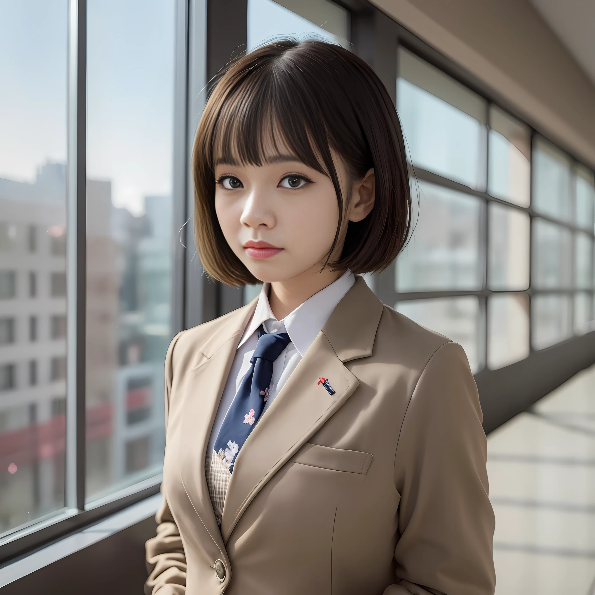 1 girl, mature woman, Japan girls' high school blazer uniform, bow, photo, bobcut, realistic, top quality, adopted, detailed face, full body, office, building from window, detailed background, diffuse sunlight, depth of field, bokeh