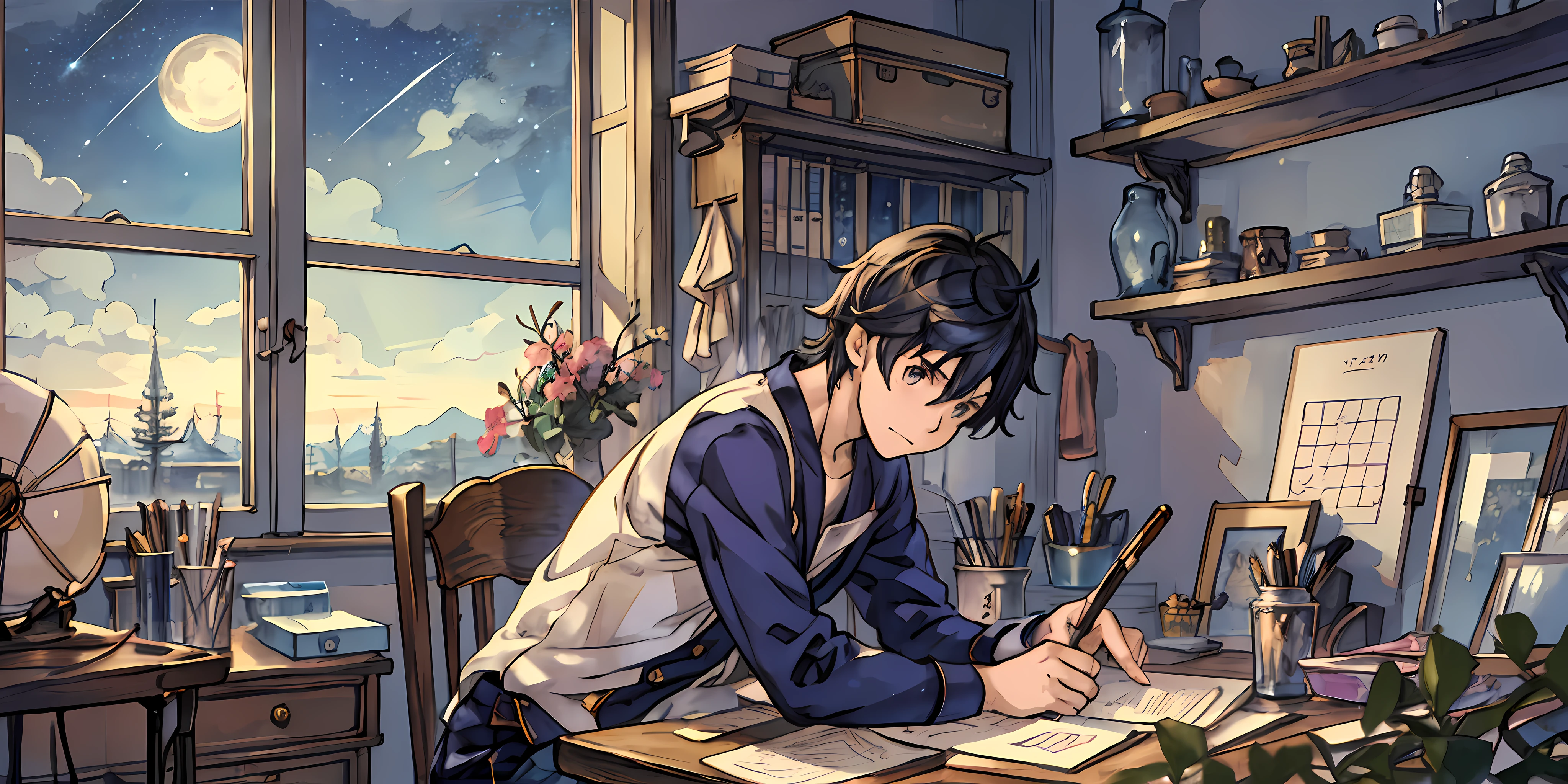 A boy painting on his desk in his beautiful cozy room, warm lights in his room, night time, concept art inspired by makoto shinkai, pixiv contest winner, best quality, beautiful anime scene, a bright moon, Anime scene, cinematic anime scene, Night, Fantastic anime, Atmospheric Anime, Starry Sky, Detail Enhanced.