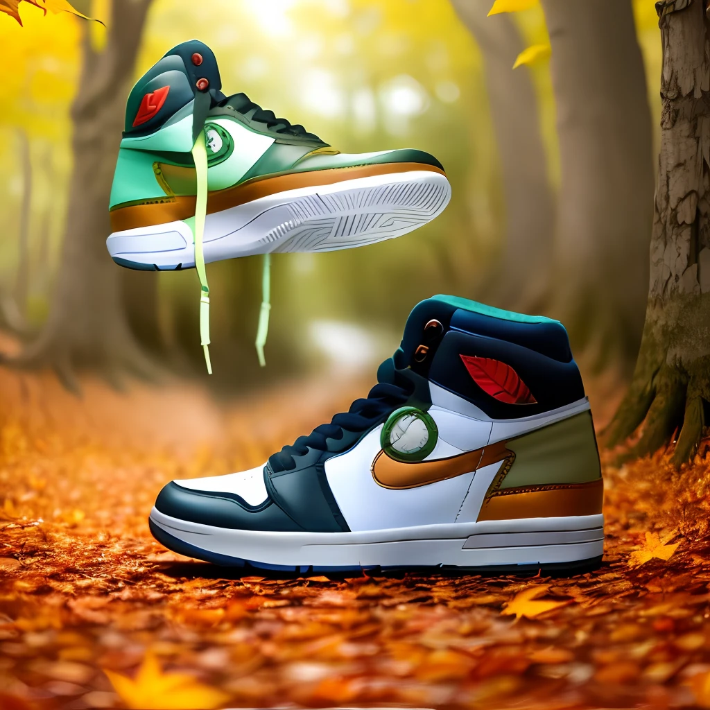 A pair of sneakers among the forest leaves