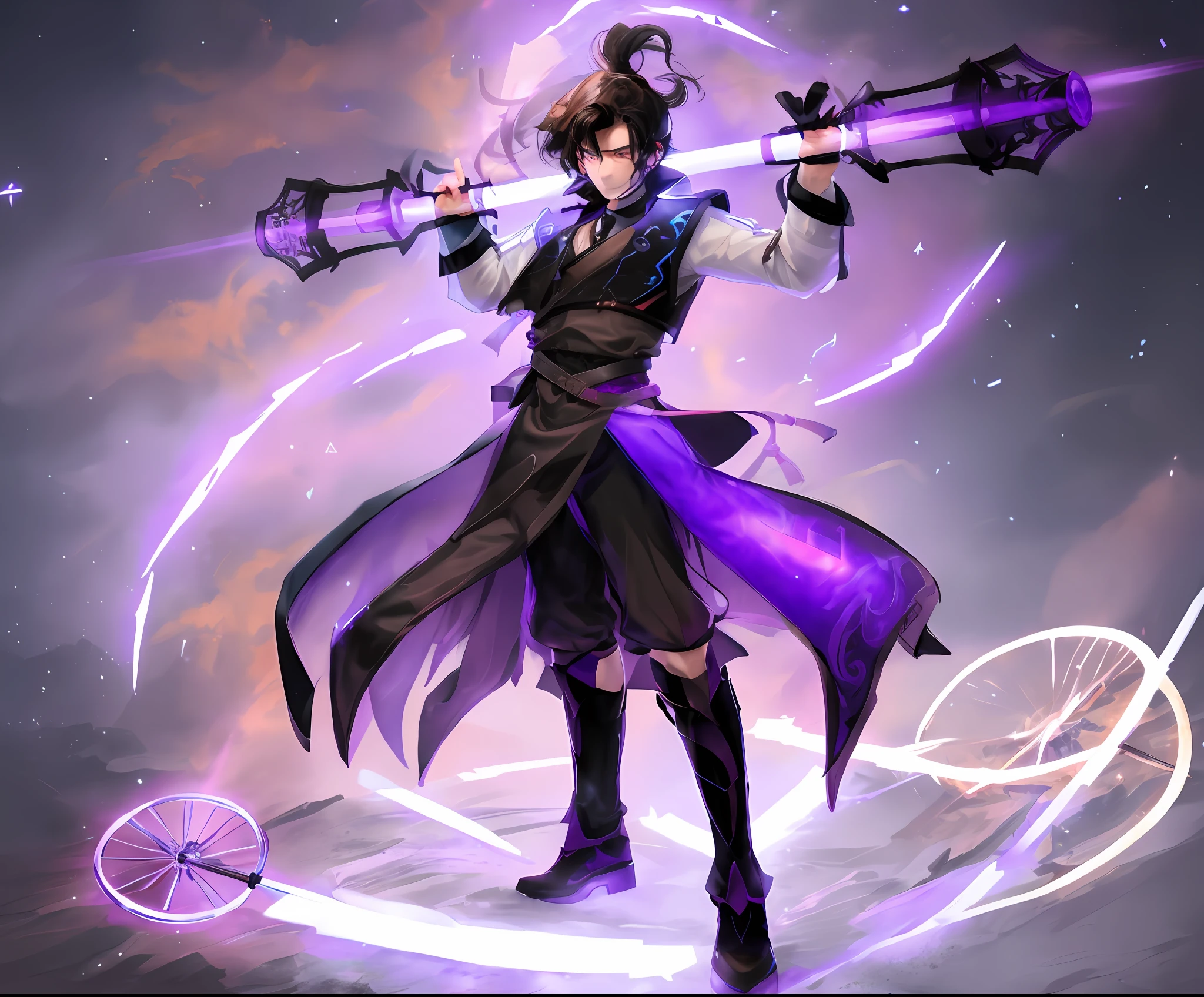 1boy, (45° side), (side), brown-black hair, ponytail, blue eyes, side light, light particles, male T pose, sticks in hands, short purple vest, white blouse, leather belt, flowing skirt, Chinese fairy, black and purple boots