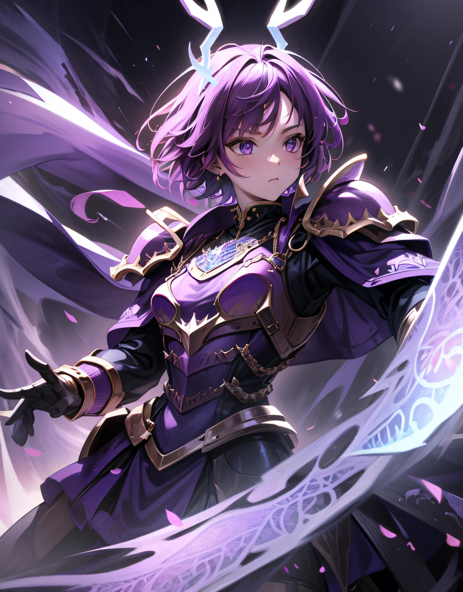 Knight Jackalope, short purple hair, jackalope antlers, dark armor(masterpiece, best quality)
