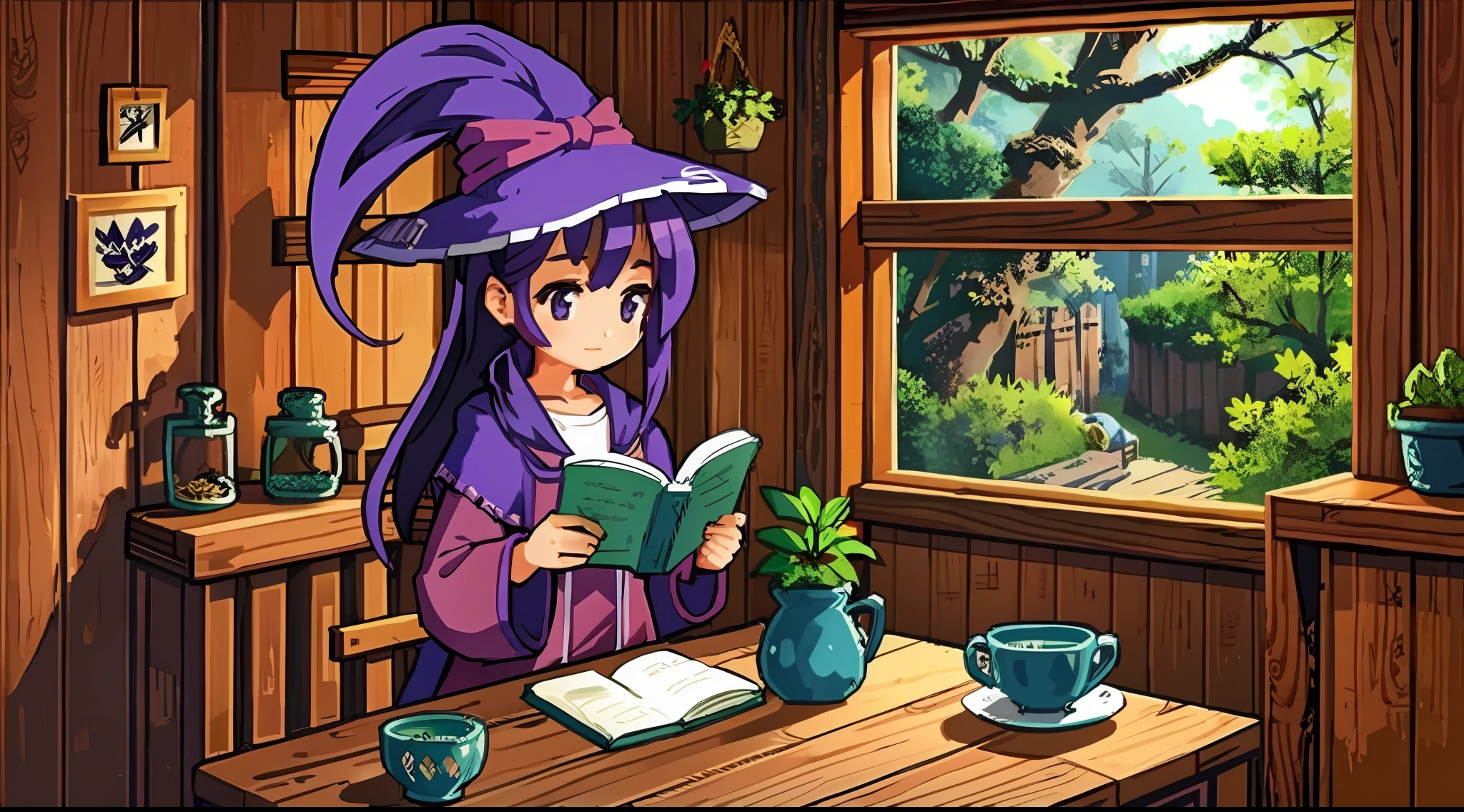 A girl, purple hair, high ponytail hairstyle, witch, in the hut, small wooden table, sitting on a wooden chair, reading, potted plants, magic hat, forest, single