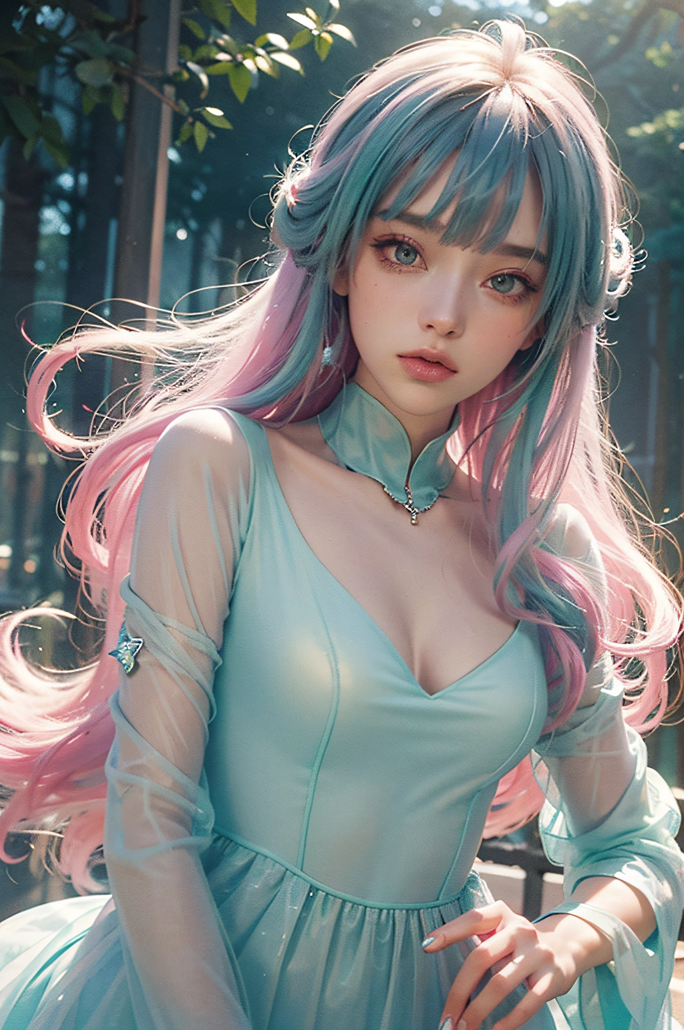 (fluorescent colors:1.4),(translucent:1.4),(retro filters:1.4), (fantasy:1.4), candy world Disney land ethereal soft fluffy soft landscape forest snowavatar Pastel pink sky green blue sparkle ethereal light pastel whimsical light rainbow stars diamonds sparkle gemstone background hyper realistic Ultra quality cinematic lighting immense detail Full hd painting Well lit,diagonal bangs,
collared dress,on side
masterpiece, best quality,realskin,(portrait:1.5), 1girl, blunt bangs, long hair