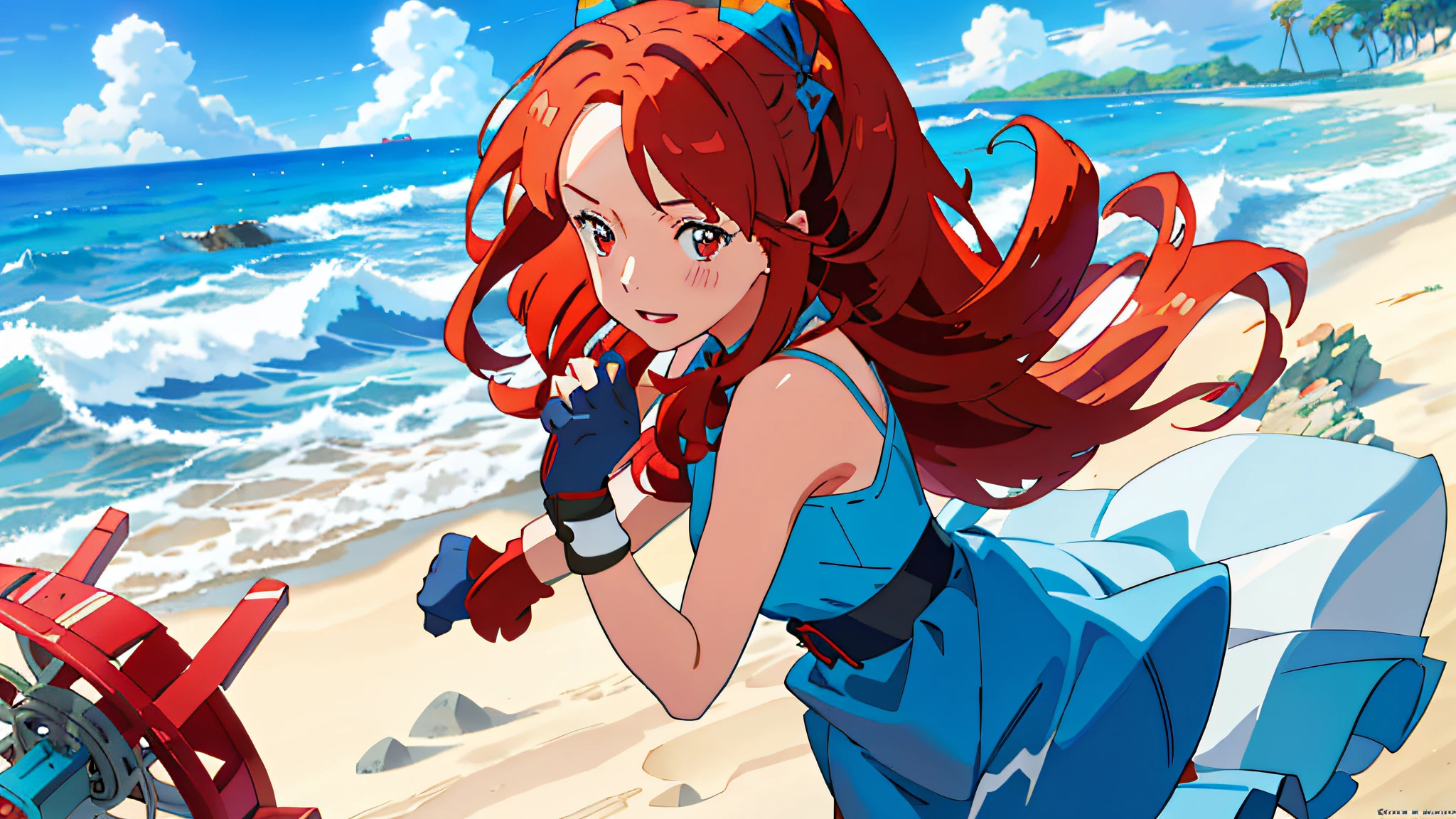 anime girl with red hair and blue dress on beach with crab, anime style”, artgerm and atey ghailan, official artwork, made with anime painter studio, high quality anime artstyle, advanced digital anime art ”, krenz cushart and artgerm, painted in anime painter studio, digital anime art, with red hair, she has red hair, rin