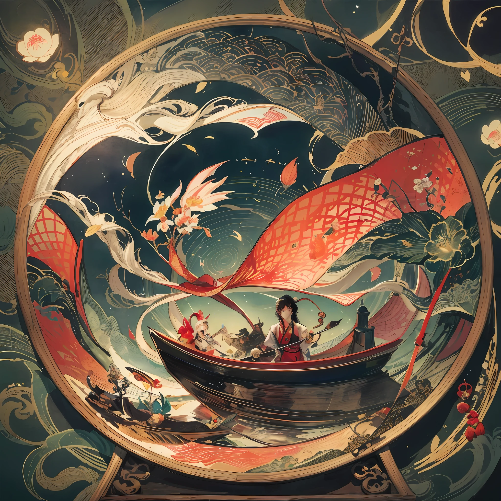 there is a plate with a painting of a man in a boat, a beautiful artwork illustration, onmyoji detailed art, anime fantasy illustration, chinese fantasy, by Yang J, victo ngai style, inspired by Victo Ngai, botticelli and victo ngai, james jean and victo ngai, victo ngai and surrealism