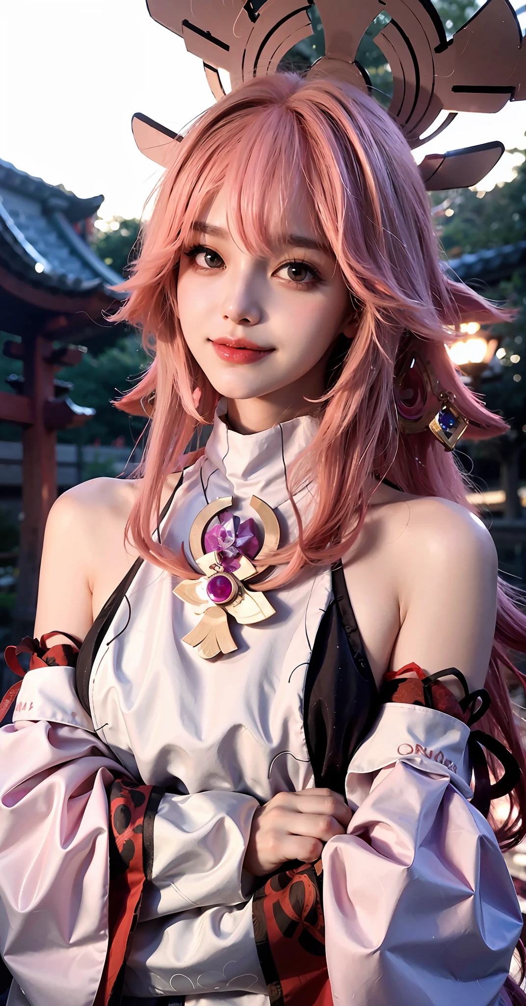 ((Medium Breath)), 1girl, yae miko, sleeves, bare shoulders, pink hair, long hair, Japanese clothing, best quality, (hair accessory: 1.35), jewelry, purple eyes, earrings, breasts, torii, lantern lights, depth of field, face focus, (viewers: 1.25), non-traditional witch, shiny skin, long sleeves, smile, East Asian architecture, (blurred background: 1.2),