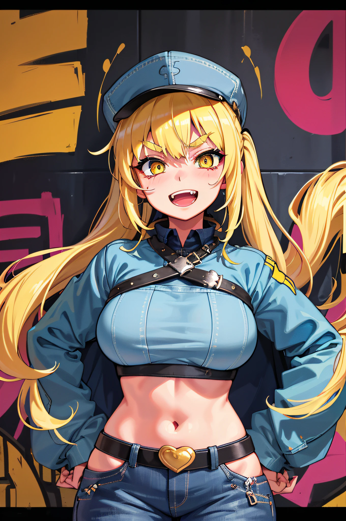 Original Character, Volumetric Lighting, Best Shadows, Shallow Depth of Field, Portrait Of Stunningly Beautiful Girl, Petite, Delicate Beautiful Attractive Face With Alluring Yellow Eyes, Messy Painted Face, Sharp Eyebrows, Broadly Smiling, Open Mouth, Fangs Out, Lovely Medium Breasts, Layered Long Twintail Blond Hair, Blush Eyeshadow, Thick Eyelashes, Applejack Hat, Oversized Pop Jacket, Mini Underboob Tee, Open Navel, Slim Waist, Denim Jeans Pants, With Buckle Belt, In The Graffiti Alley, Waste Container, Outside Stairs, Outdoor Unit, Holding Spray Paint Can, Standing, (Highest Quality, Amazing Details:1.25), (Solo:1.3), Brilliant Colorful Paintings