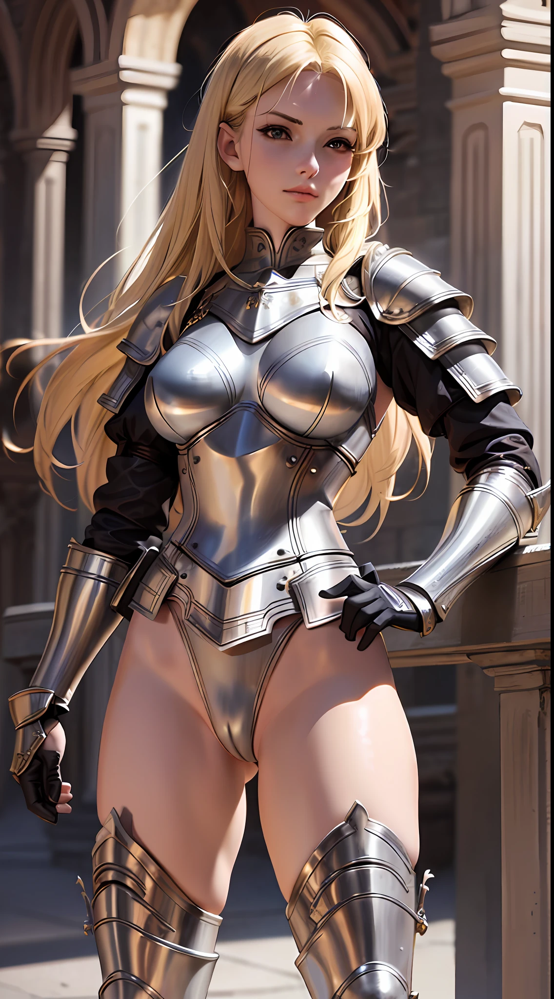 Blonde warrior, detailed, 1 girl, beautiful, 8k, artwork, ultra realistic, ultra detailed, medieval costume, steel breastplate, steel gauntlets, steel gloves, steel boots, standing, front, no pants, no pants, white panties, panties appearing, cameltoe, thong, nsfw, pantyshot, RAW,