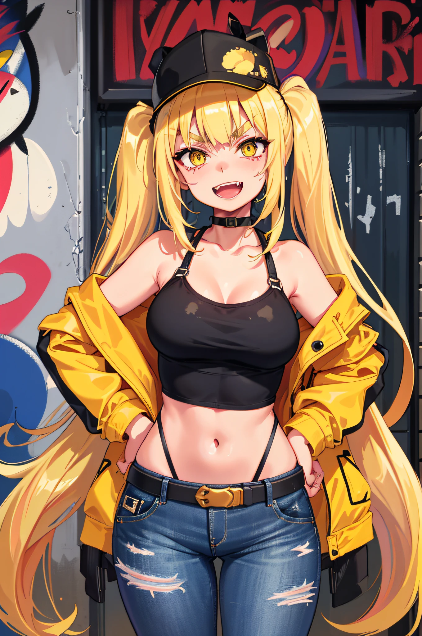 Original Character, Volumetric Lighting, Best Shadows, Shallow Depth of Field, Portrait Of Stunningly Beautiful Girl, Petite, Delicate Beautiful Attractive Face With Alluring Yellow Eyes, Messy Painted Face, Sharp Eyebrows, Broadly Smiling, Open Mouth, Fangs Out, Lovely Medium Breasts, Layered Long Twintail Blond Hair, Blush Eyeshadow, Thick Eyelashes, Applejack Hat, Oversized Pop Jacket, Mini Underboob Tee, Open Navel, Slim Waist, Denim Jeans Pants, With Buckle Belt, In The Graffiti Alley, Waste Container, Outside Stairs, Outdoor Unit, Holding Spray Paint Can, Standing, (Highest Quality, Amazing Details:1.25), (Solo:1.3), Brilliant Colorful Paintings