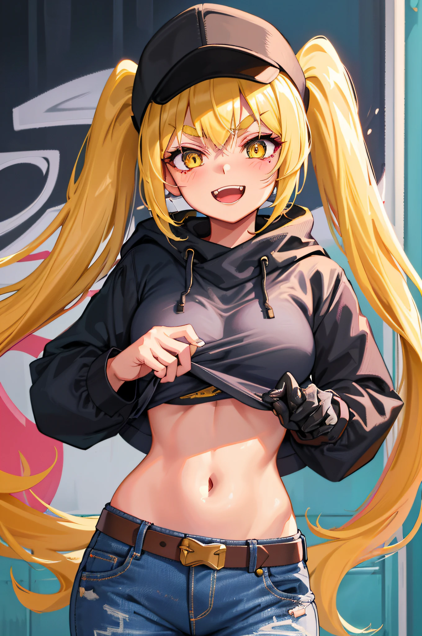 Original Character, Volumetric Lighting, Best Shadows, Shallow Depth of Field, Portrait Of Stunningly Beautiful Girl, Petite, Delicate Beautiful Attractive Face With Alluring Yellow Eyes, Messy Painted Face, Sharp Eyebrows, Broadly Smiling, Open Mouth, Fangs Out, Lovely Medium Breasts, Layered Long Twintail Blond Hair, Blush Eyeshadow, Thick Eyelashes, Applejack Hat, Oversized Pop Jacket, Mini Underboob Tee, Open Navel, Slim Waist, Denim Jeans Pants, With Buckle Belt, In The Graffiti Alley, Waste Container, Outside Stairs, Outdoor Unit, Holding Spray Paint Can, Standing, (Highest Quality, Amazing Details:1.25), (Solo:1.3), Brilliant Colorful Paintings