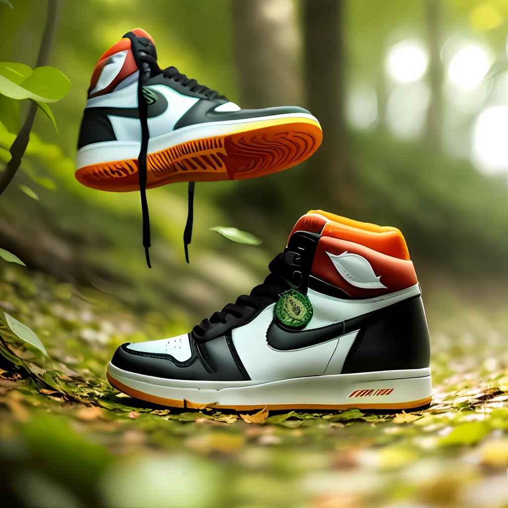 A pair of sneakers among the forest leaves