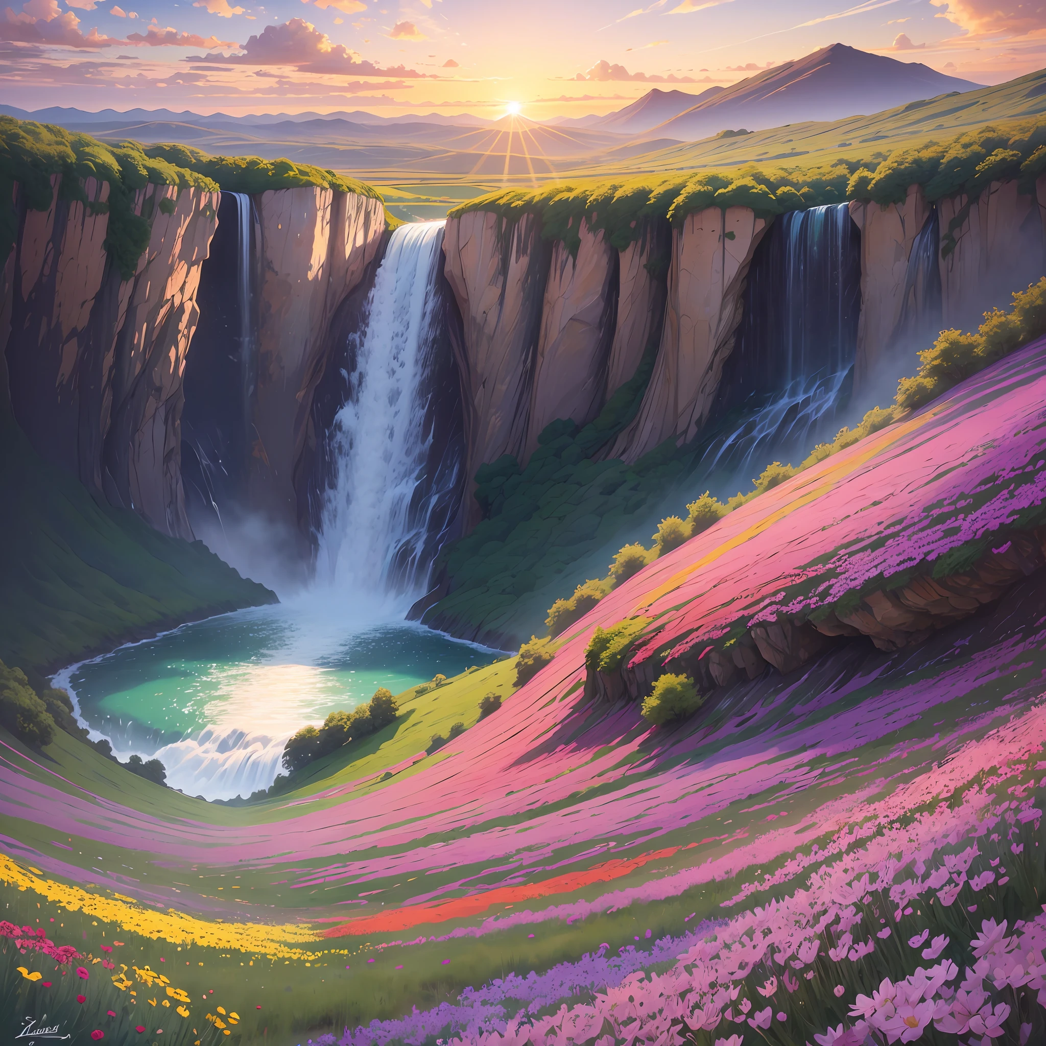 best quality, masterpiece, Capture the beauty of a colorful sunset, a field of flowers in full bloom or a moving waterfall. --auto --s2