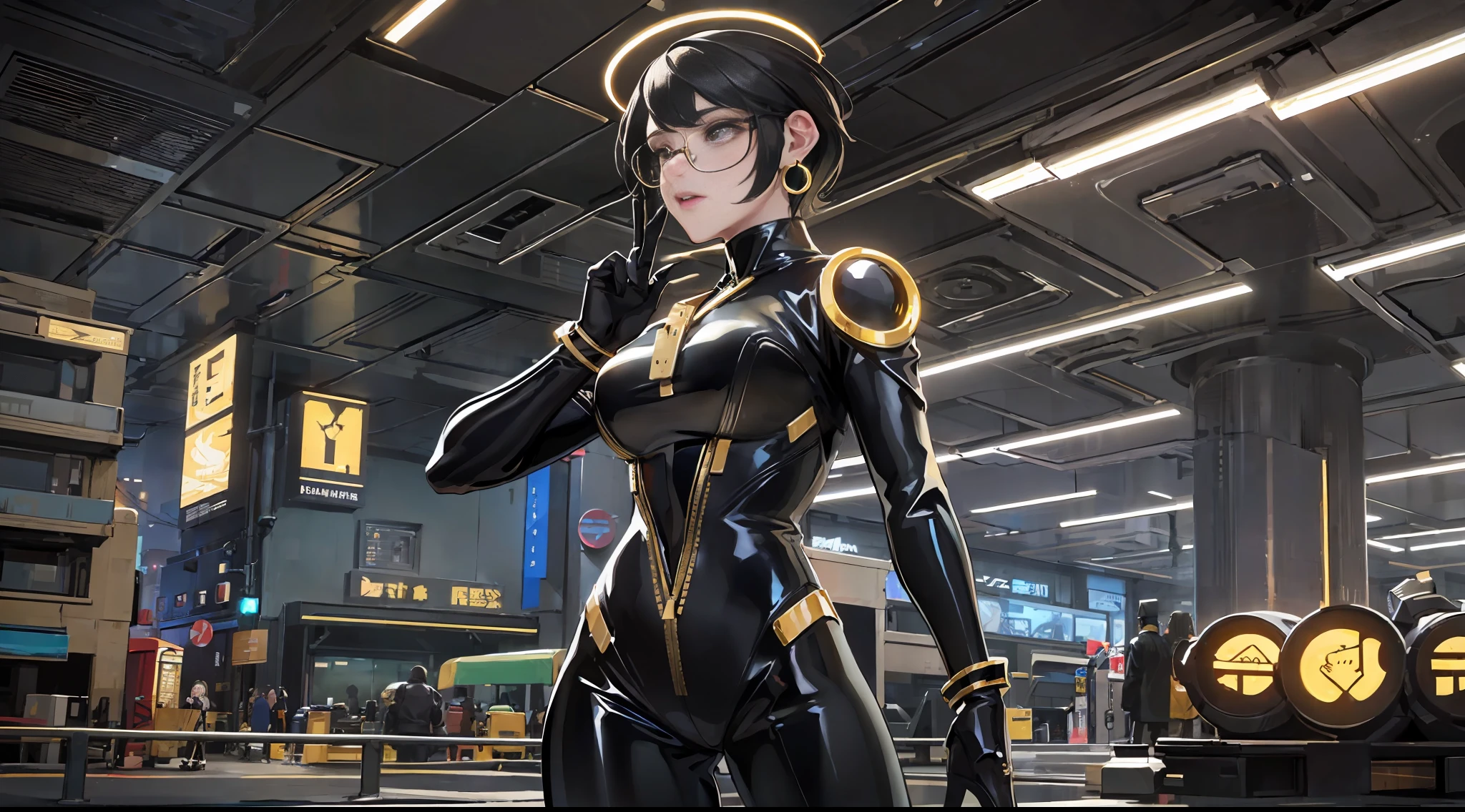 full body picture Unreal Engine 5 8K UHD, realistic beautiful girl, face detailed, wearing cyberpunk futuristic black latex catsuit, gold lace, latex glove, earrings, short hair, gold necklace, glasses, best quality, masterpiece
