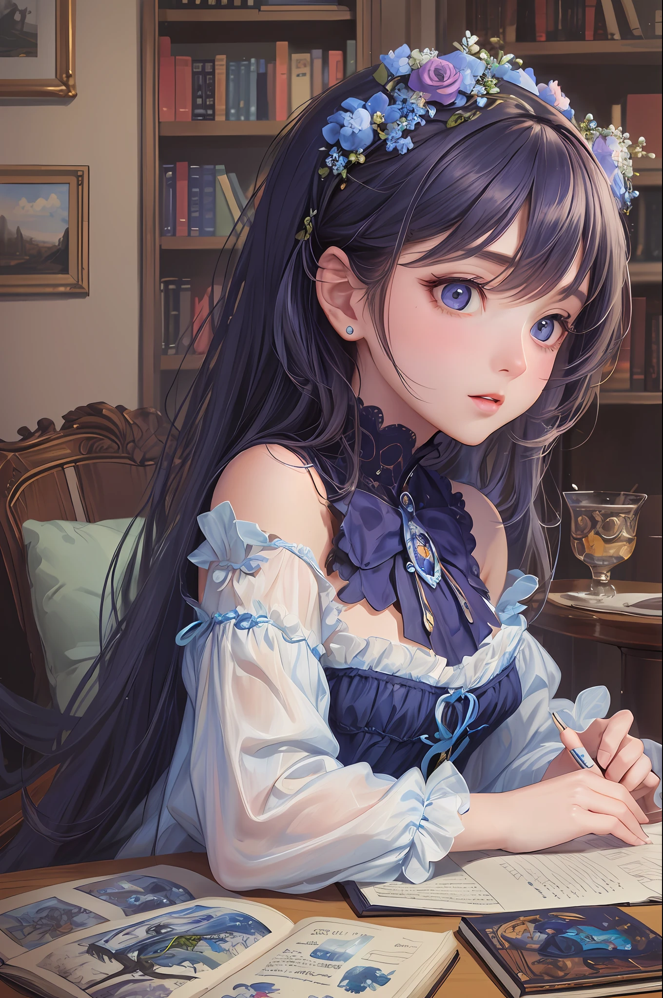( Absurd , High quality , ultra detailed, masterpiece, concept art, smooth, highly detailed artwork, hyper realistic painting ) Dreamy , Romantic , Vivid, girl , sky blue , blueberry shortcake character, blueberry, bookworm, cute girl , whole body ,