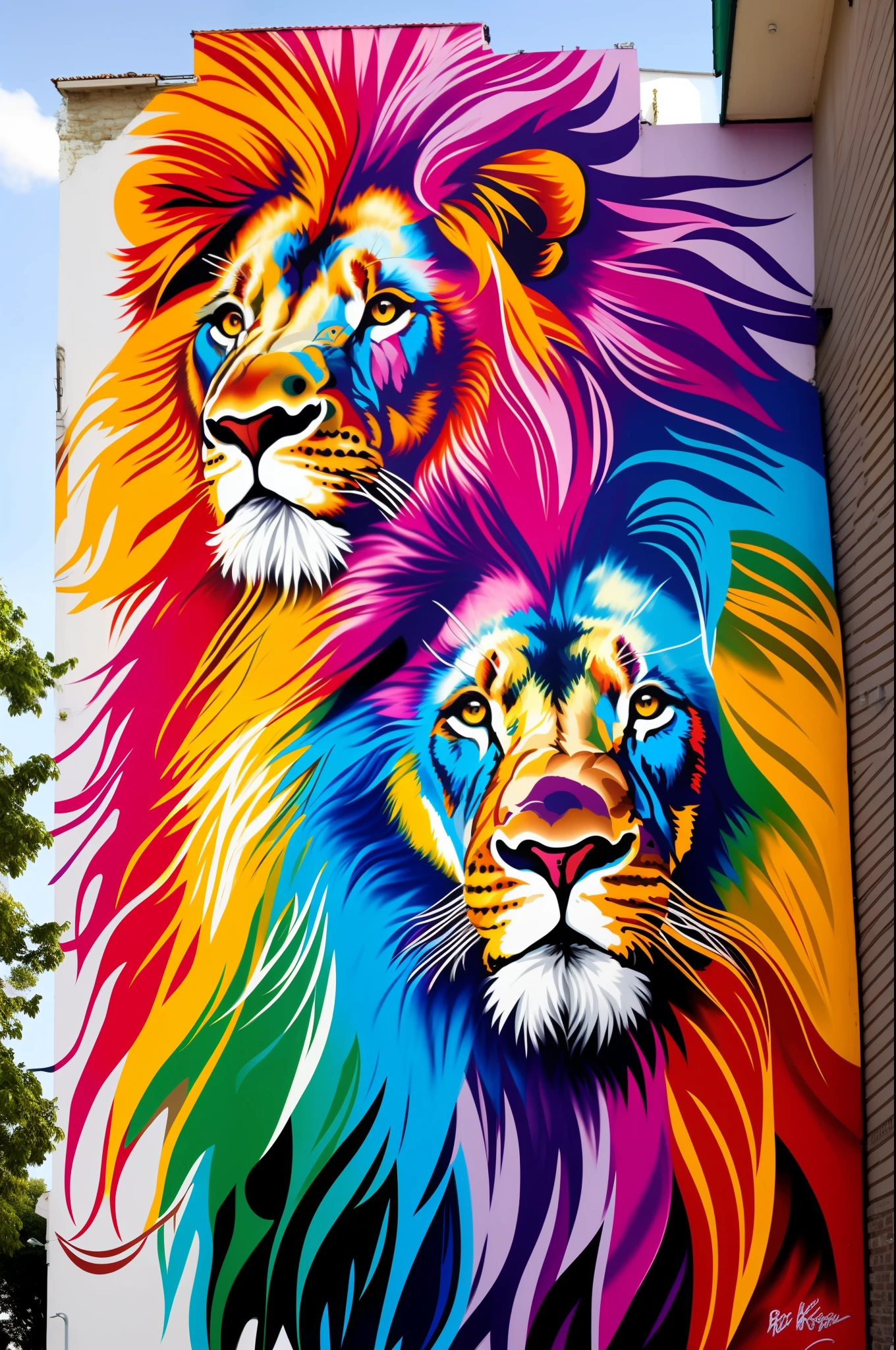 Lion, eduardo Kobra street artist,realistic,colorful 16k,very detailed,extreme mane,